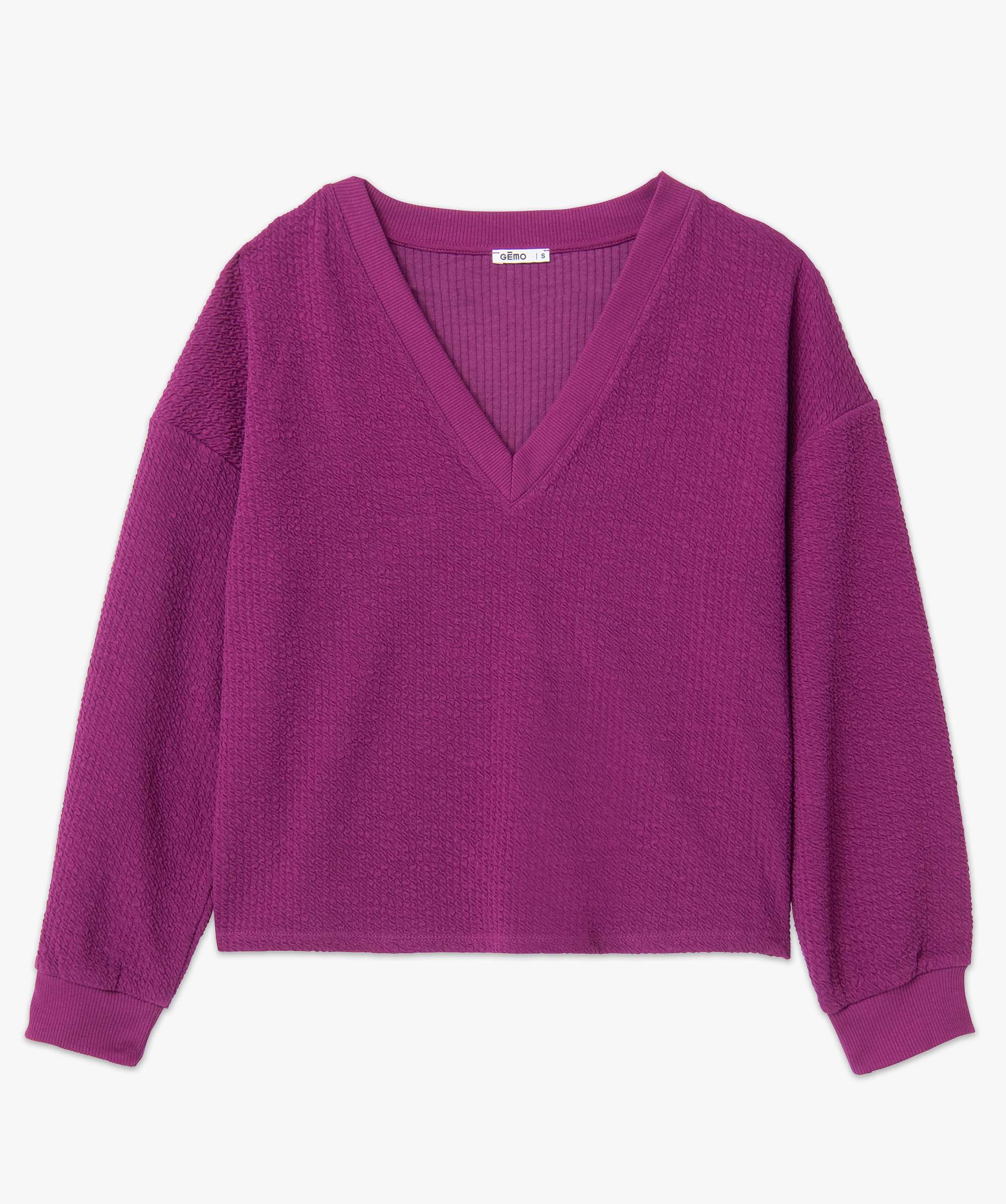 Sweat femme en maille gaufrée avec col en V rose | GEMO
