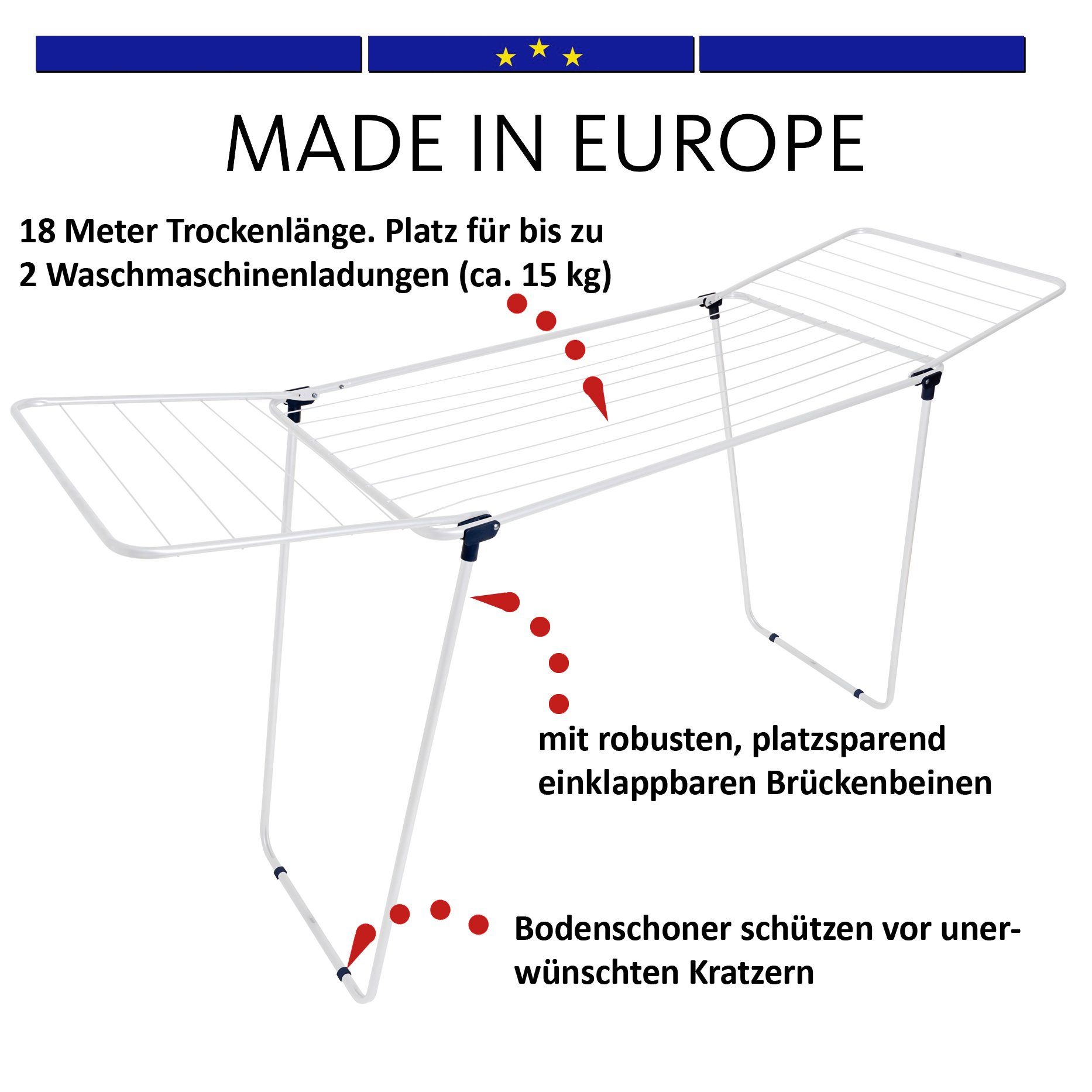 BigDean Flügelwäschetrockner Flügelwäscheständer 18m Made in EU Brückenbeinen