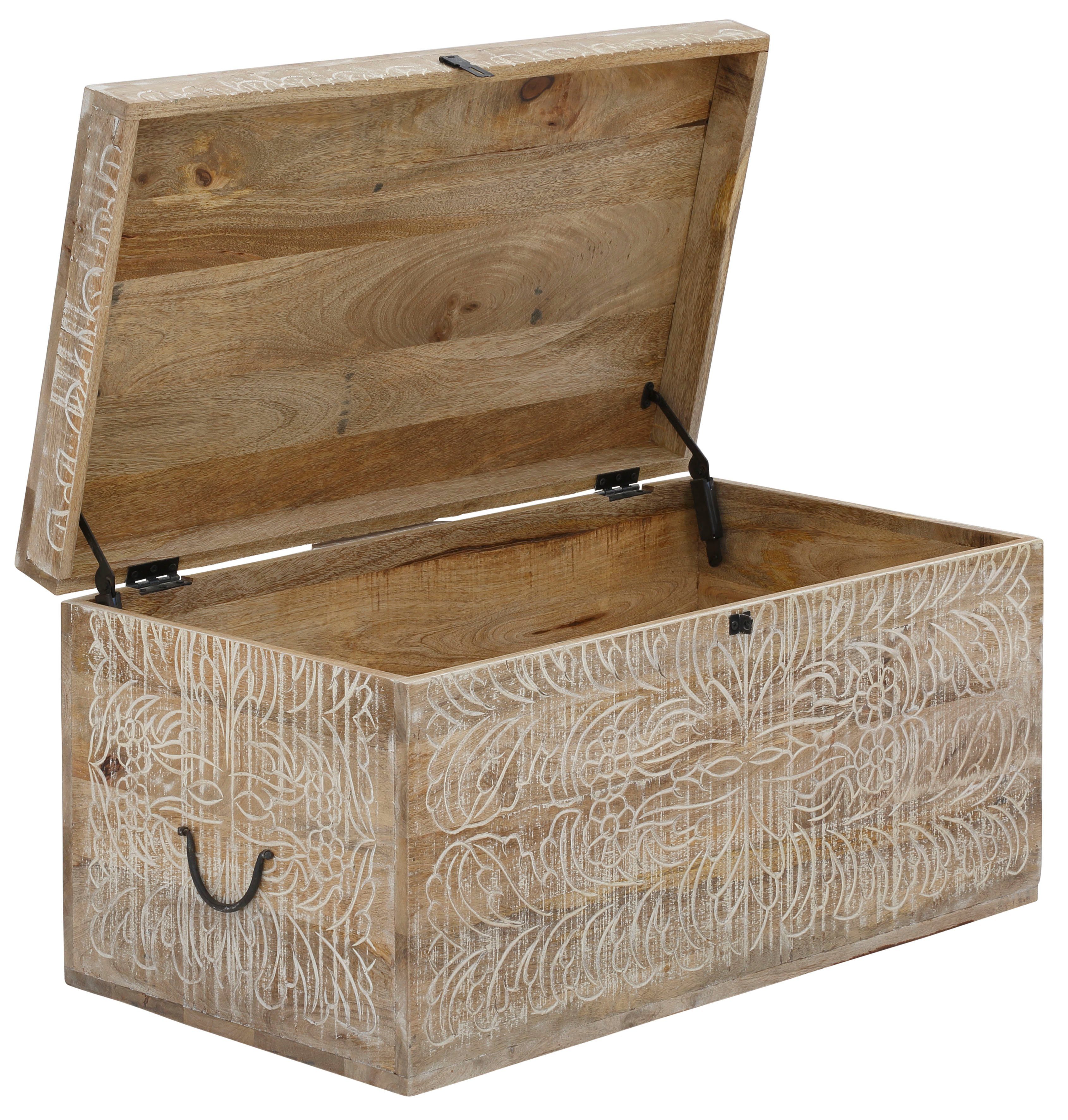 Home affaire Truhentisch Lavin, Mangoholz, mit dekorativen Schnitzereien, Handgefertigt, Breite 90 cm