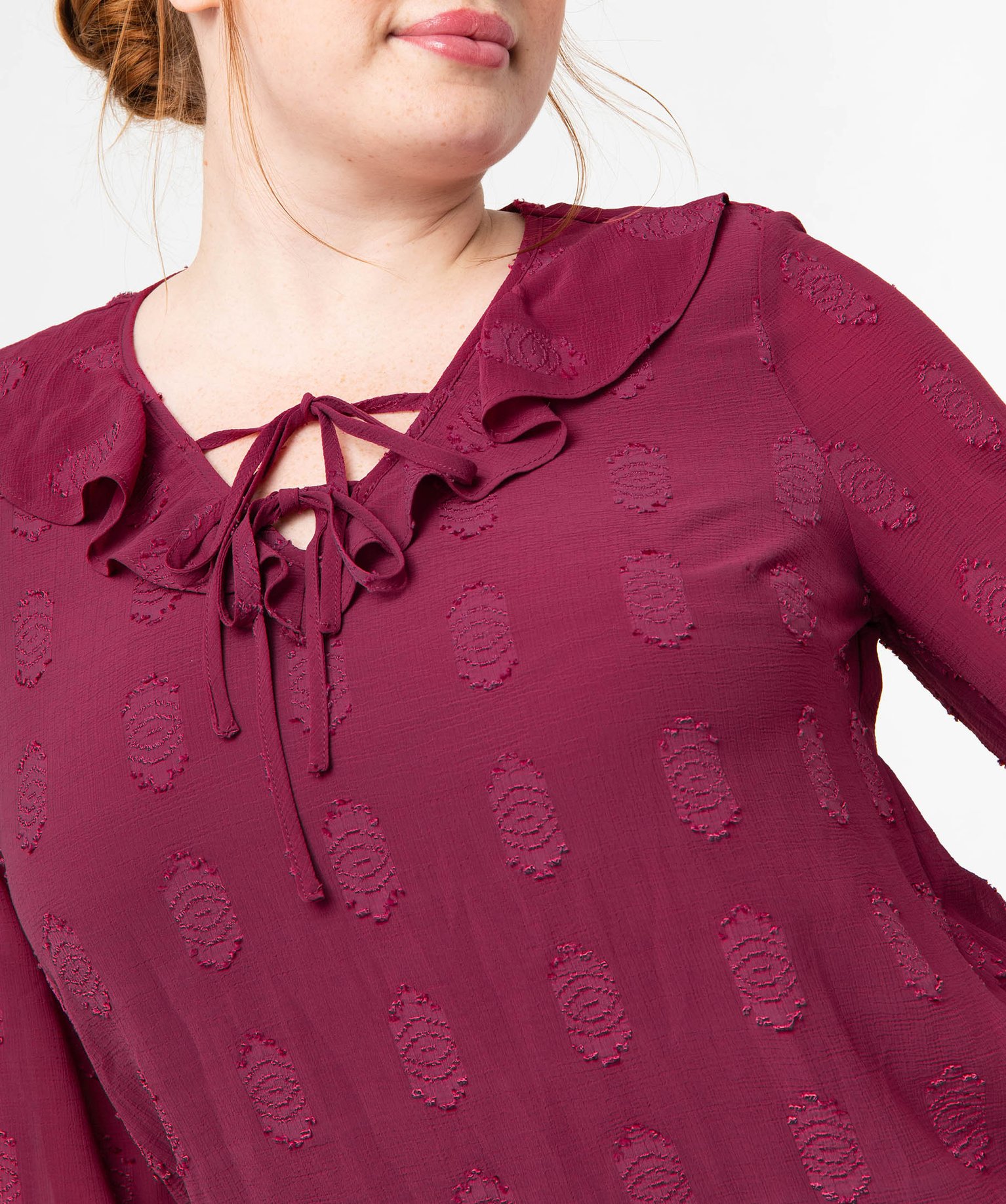 Blouse à manches longues avec col à volant femme grande ta... bordeaux | GEMO