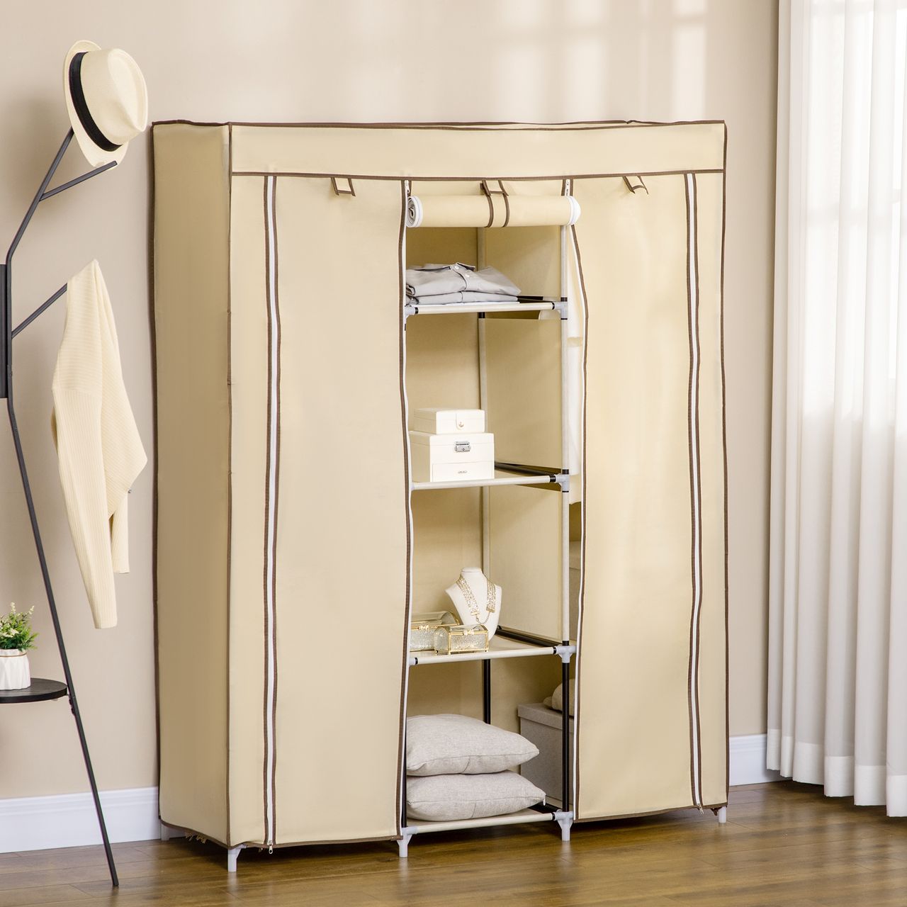 HOMCOM Stoffschrank, Faltschrank, Kleiderschrank mit Kleiderstangen, 8 Ebenen