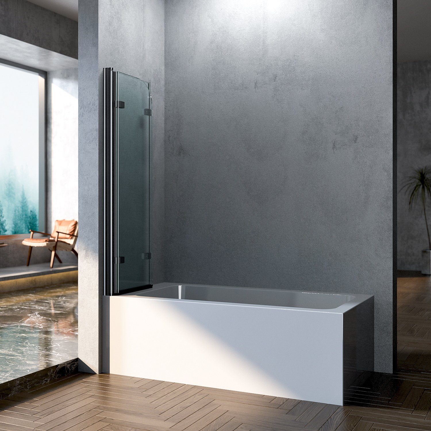 Boromal Badewannenaufsatz 3 teilig faltbar Schwarz 180° Faltwand Duschabtrennung Badewanne ESG, beideseitig Nano, Alu Wandprofil, (Duschwand für Badewanne, 120x140cm, 130x140cm), Rechts-und Links montierbar, Hebe-/Senkfunktion