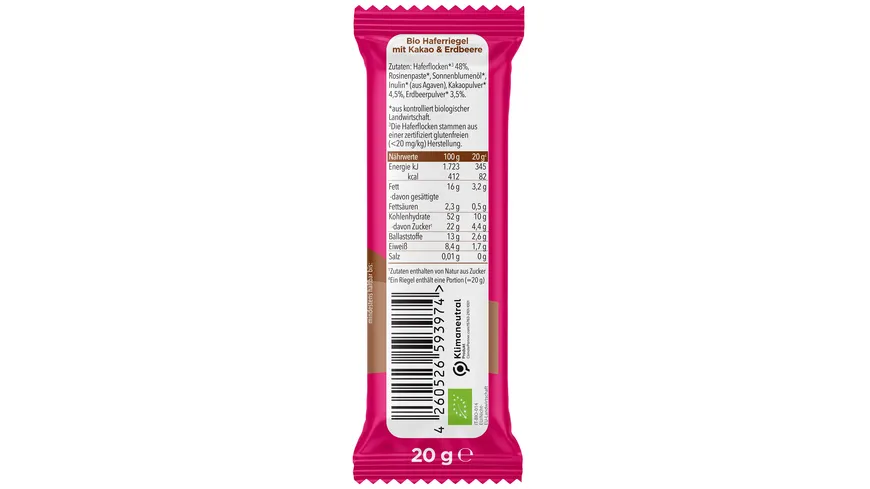 pumpkin organics Bio Haferriegel mit Kakao & Erdbeere 20 g