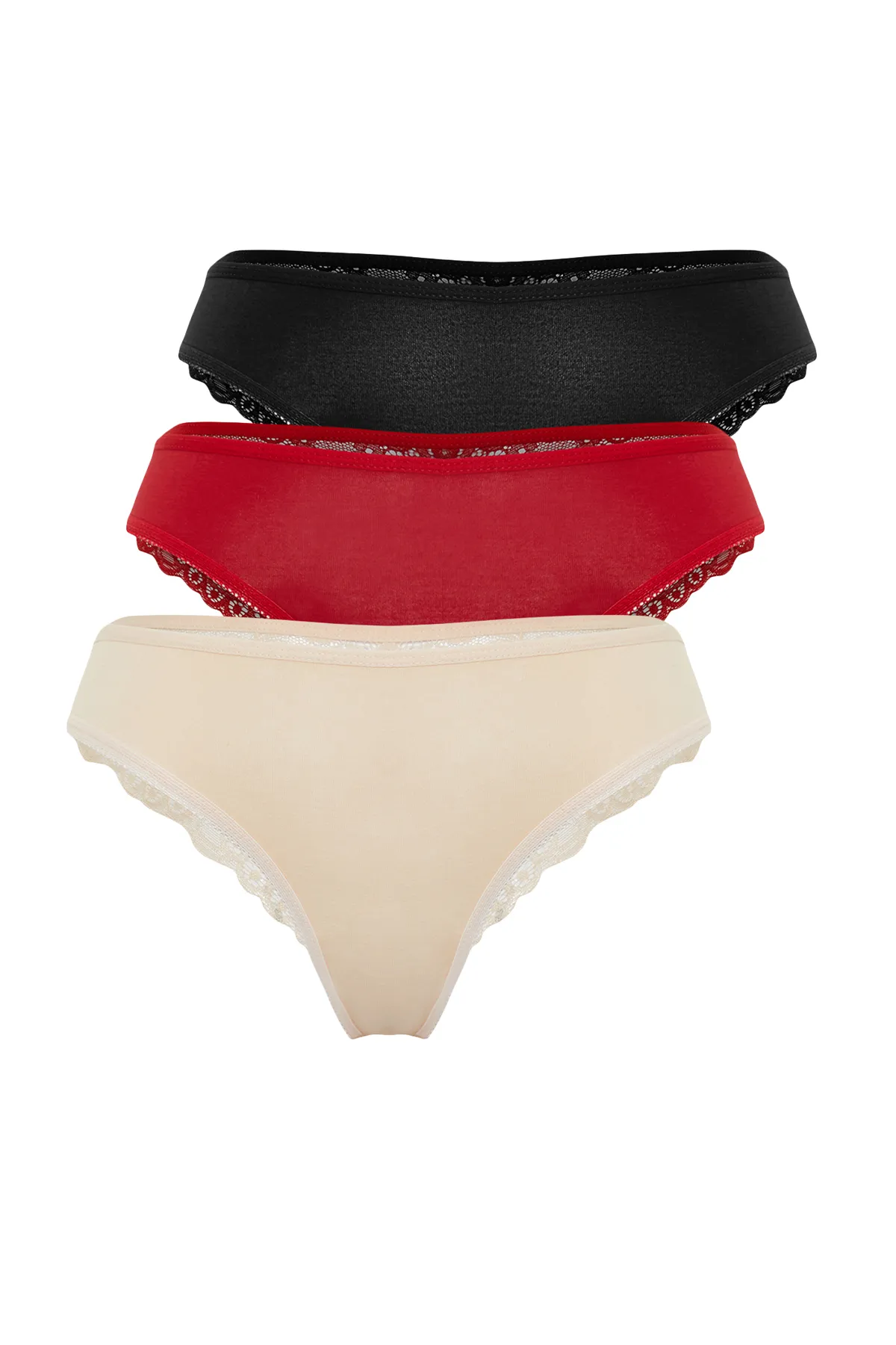 Trendyol Collection  Rot-Mehrfarbig Mehrfarbig 3er-Pack Brazilian-Slips aus Baumwolle mit Spitzendetail THMAW21KU0008