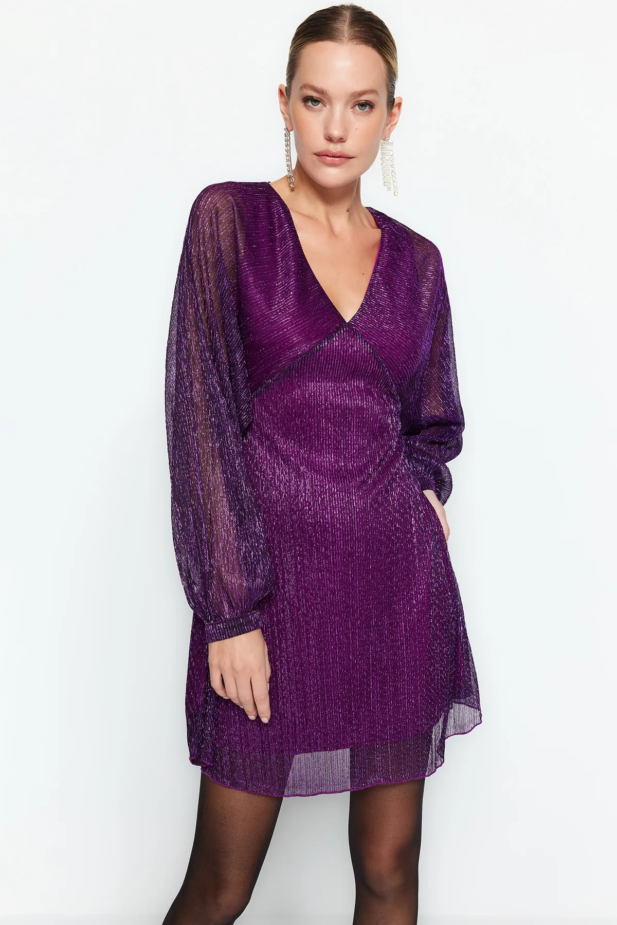 Trendyol Collection  Lila offene Taille/Skater-Strickkleid, gefüttert, glänzend, elegantes Abendkleid TPRAW24EL00000