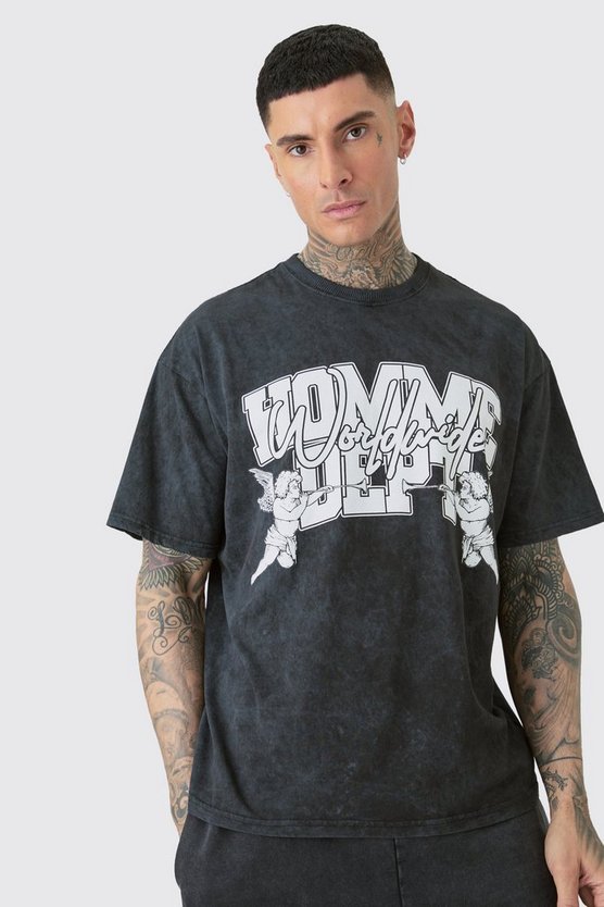 Tall Oversize Homme Dept T-Shirt mit Acid-Waschung und Grau