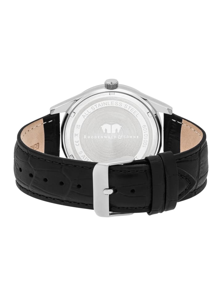 Rhodenwald & Söhne Herren Quarzuhr silber Echtleder schwarz in schwarz günstig kaufen 20 cm