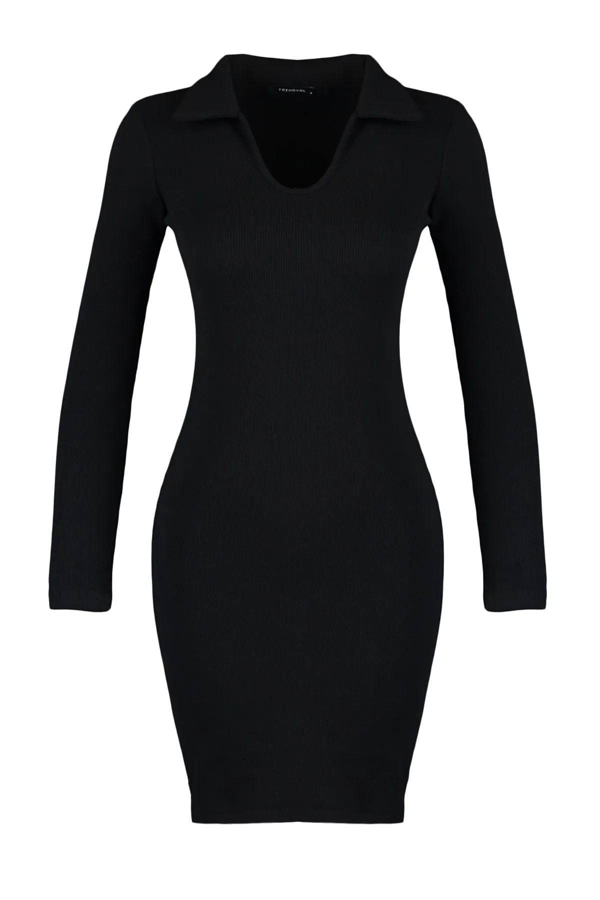 Trendyol Collection  Schwarzes, tailliertes, geripptes, dehnbares Mini-Strickkleid mit Rollkragen TWOAW23EL01400