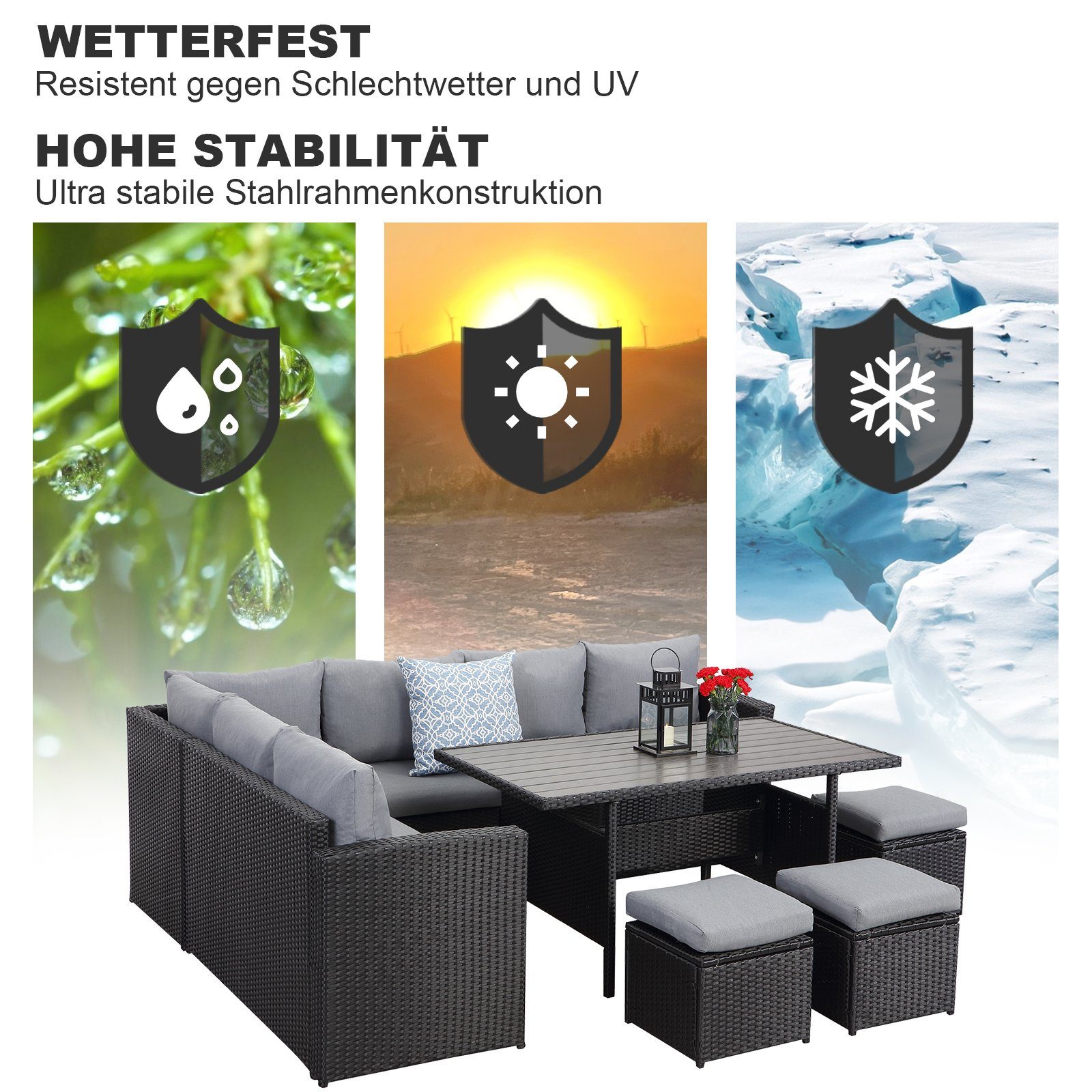 MeXo von GLP HOME Loungeset Gartenmöbel Set sale aus Polyrattan, Gartenloungeset, Sitzgruppe, (Gartengarnitur, Loungeset mit Kissen, 2-Sitzer, Ecksofa, Esstisch, 3 Hocker), Sitzgarnitur Terassenmöbel wetterfest für 6-10 Personen