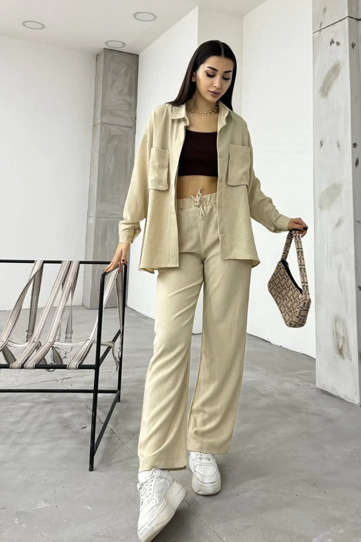 lovebox  Damen Leinenstoff Balgtasche Detail Hemd und Hose Beige Übergröße Doppel Set 12093