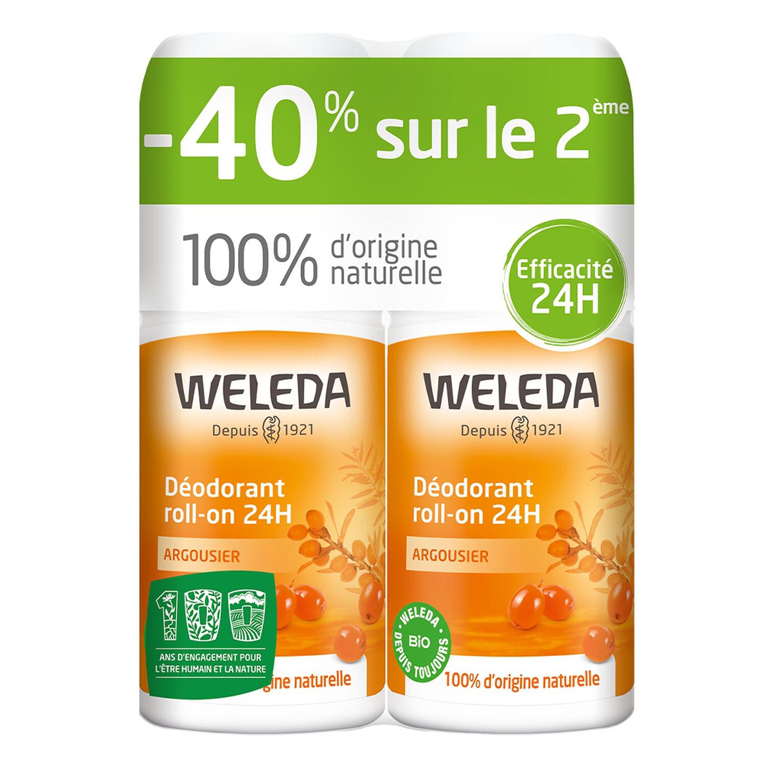 Weleda Argousier Déodorant Roll-on 24h - 100% d'Origine Naturelle 2 x 50 ml