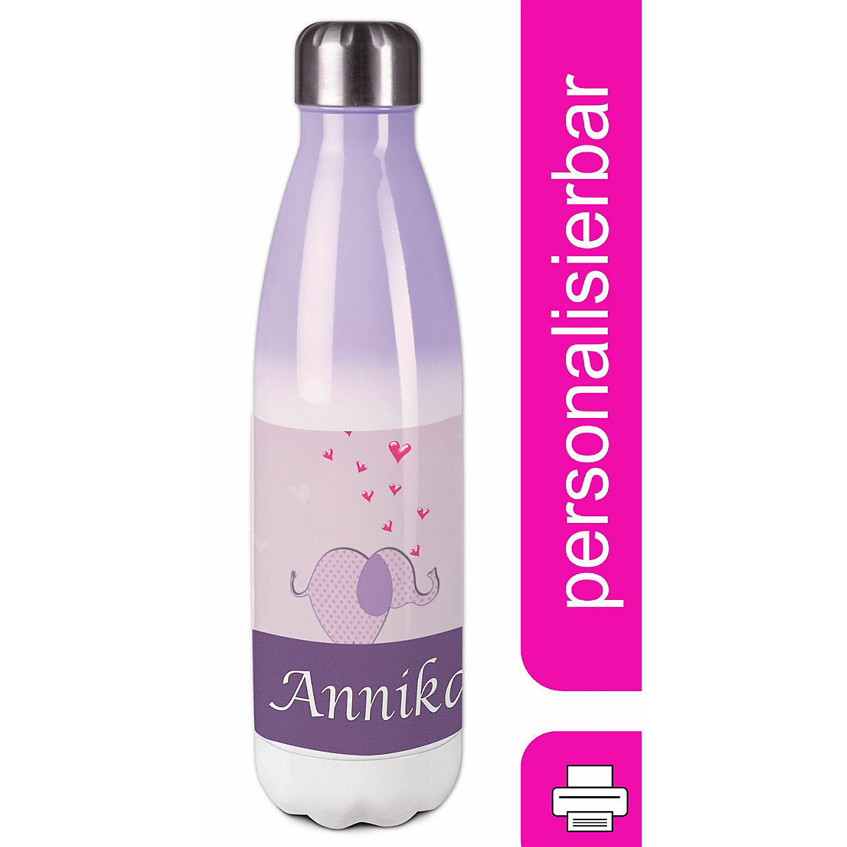 Edelstahl Kinder Thermoflasche / Trinkflasche bunt Elefant Farbe lila Spülmaschinenfest, Auslaufsicher, Bruchfest, Doppelwandig, Für Heißgetränke geeignet, Mit Deckel, Isoliert