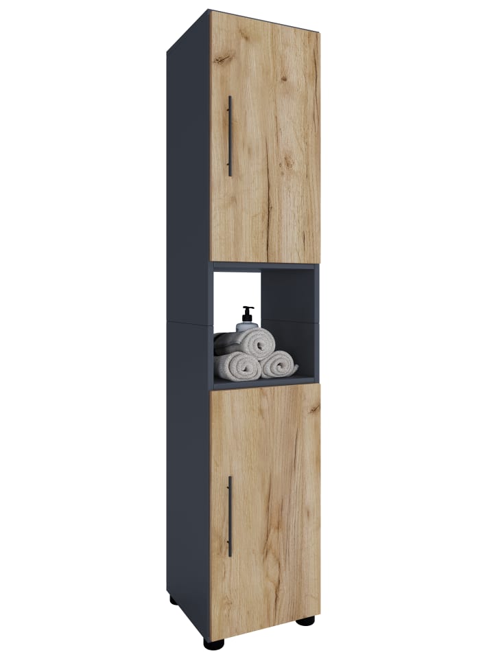 VCM  Holz Badmöbel Badschrank Hochschrank Flandu in Anthrazit / Honig-Eiche günstig kaufen onesize