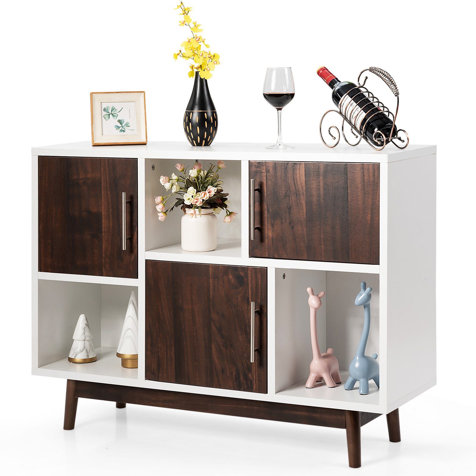 COSTWAY Sideboard, Bücherregal mit Türen & 6 Fächern, 102x33x76cm