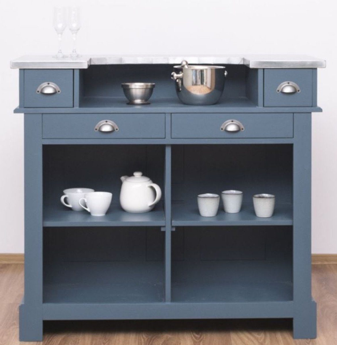 Casa Padrino Barschrank Landhausstil Theke Blau / Silber 120 x 65 x H. 107 cm - Massivholz Thekentisch mit verzinkter Tischplatte - Barmöbel im Landhausstil