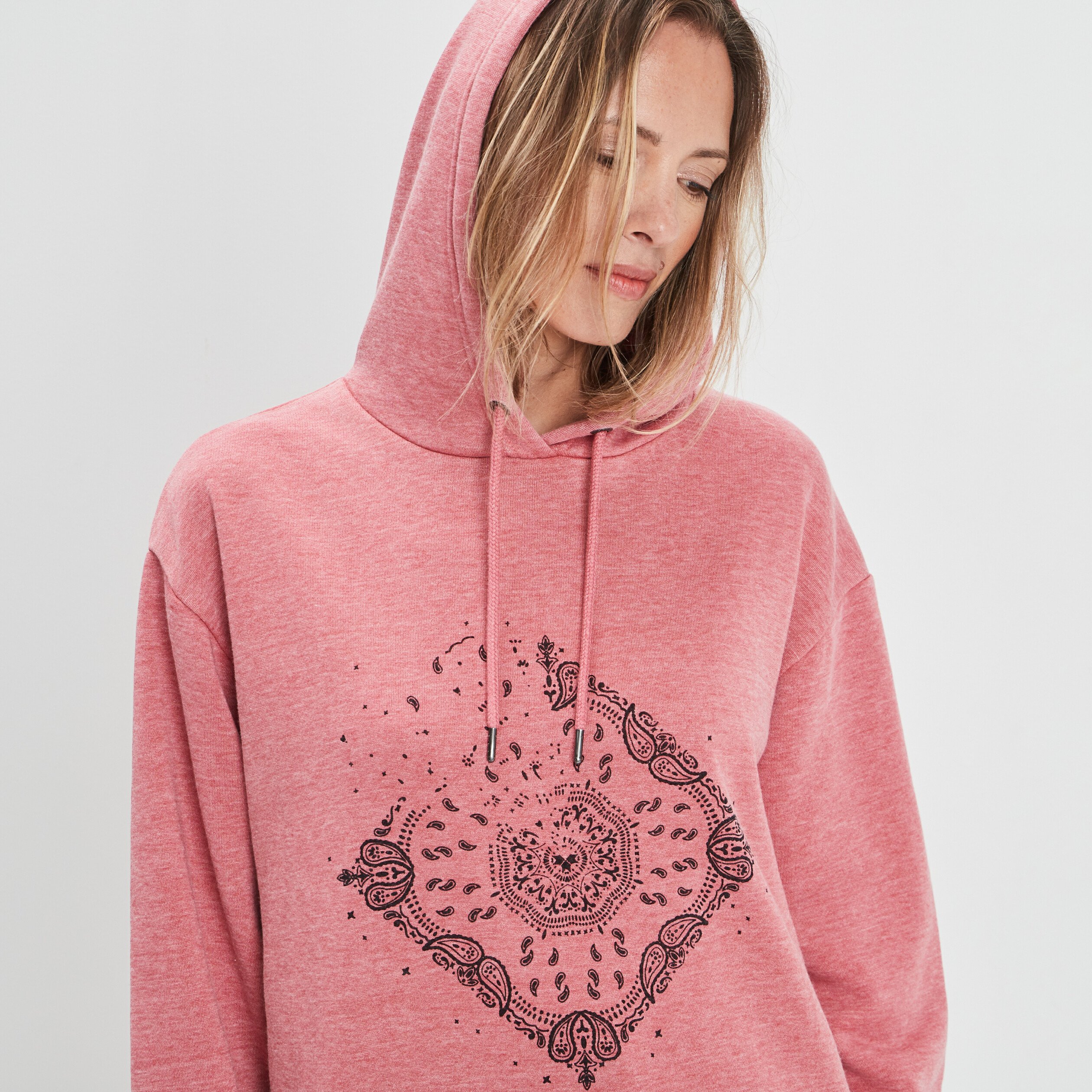 Sweat long à capuche détails clous vieux rose femme | La Halle