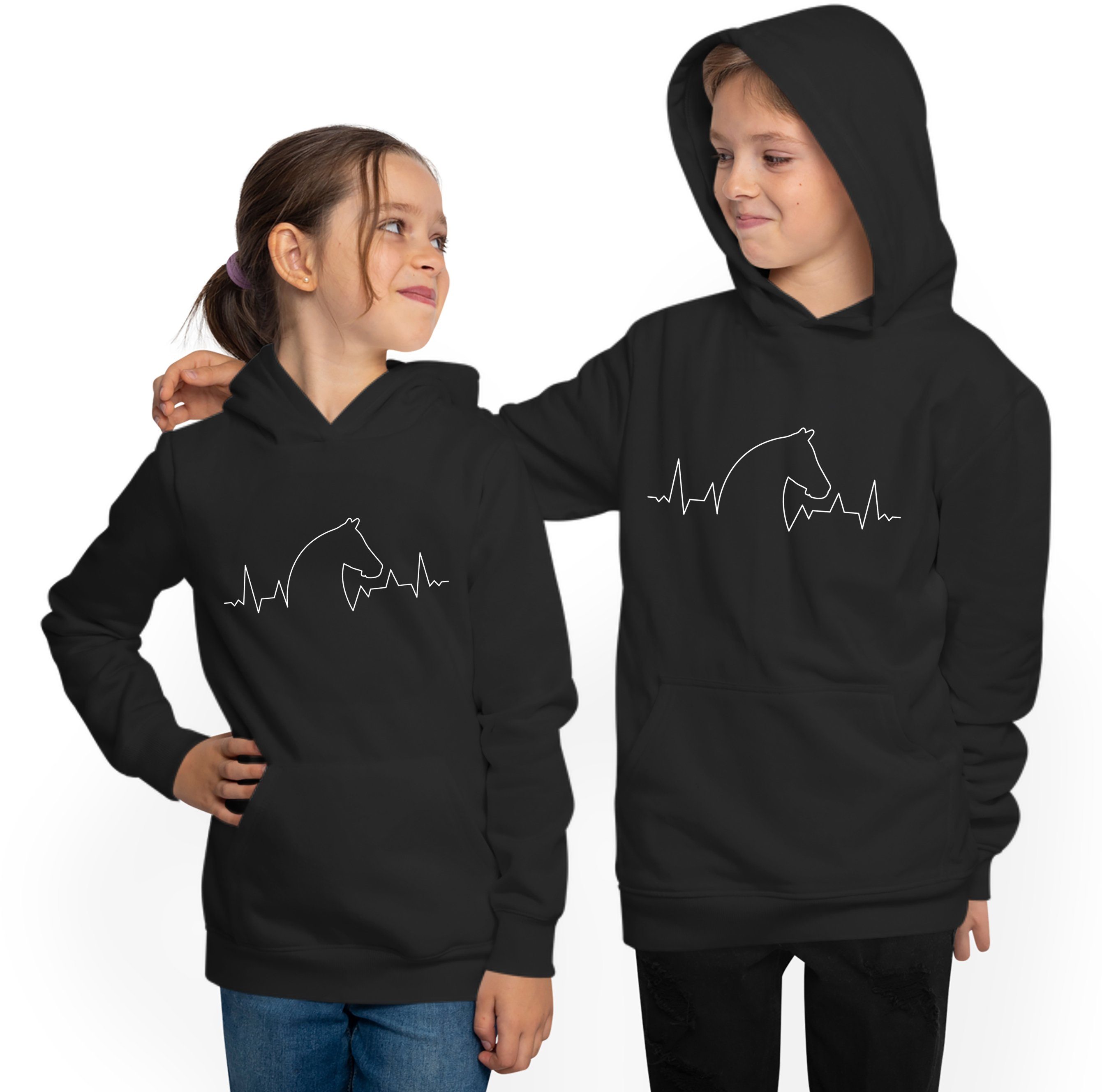 MyDesign24 Hoodie Kinder Kapuzen Sweatshirt Pferde Hoodie Herzschlaglinie mit Pferdekopf Kapuzensweater mit Aufdruck, i154