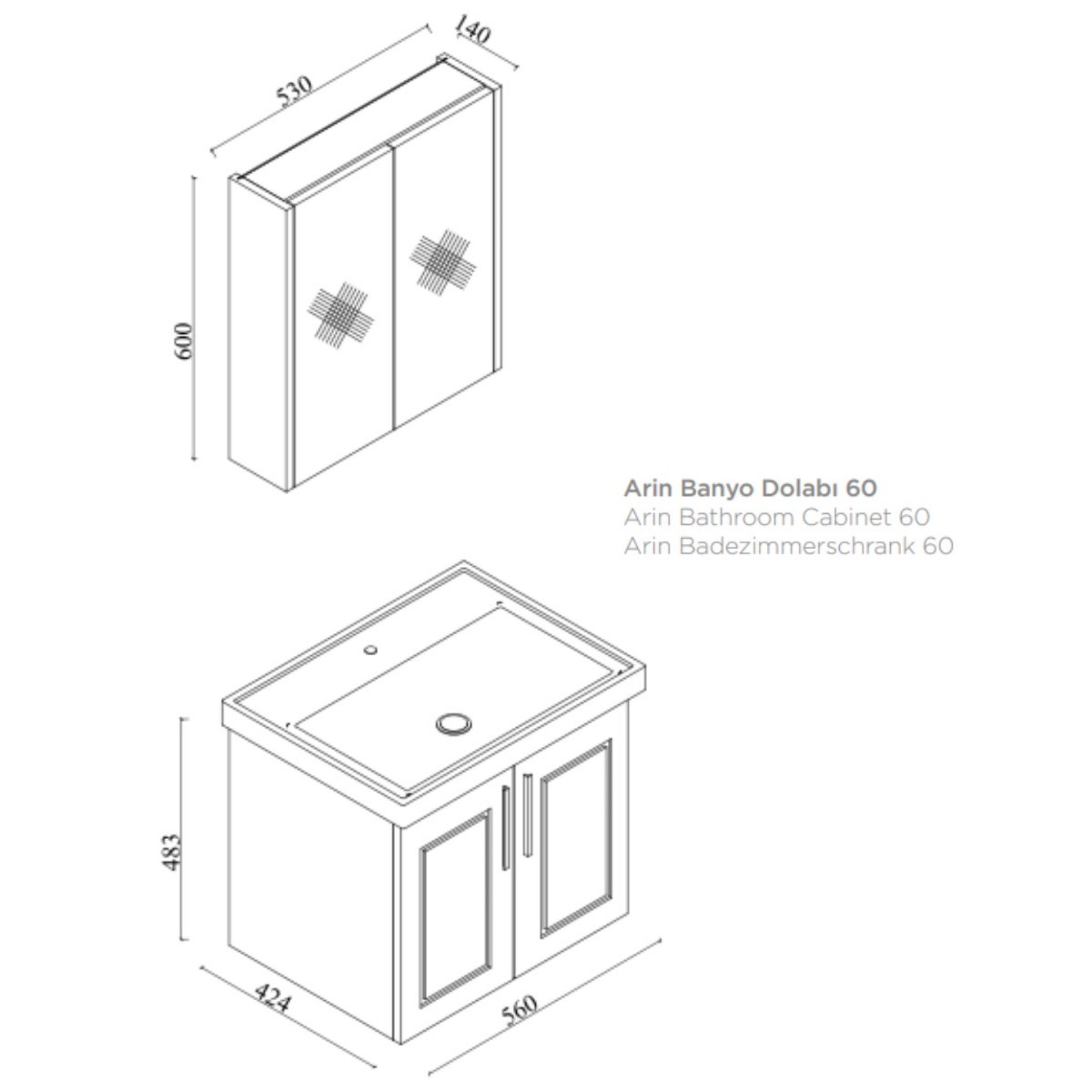 Karen Badezimmer-Set Arin (Weiß), (Komplett-Set, 3-Teilig (Unterschrank, Spiegelschrank, Waschbecken), Unterschrank mit Türen, Spiegelschrank mit Türen & Regalen), Landhaus-Stil, Matt-PVC-Beschichtung, Softclose, Bügelgriffe