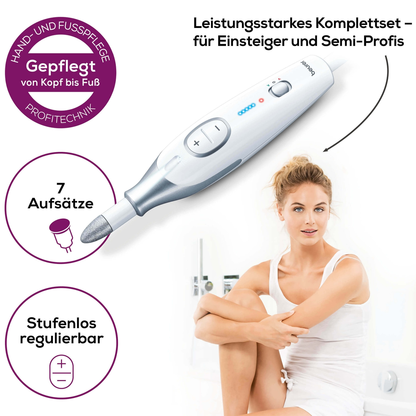 Beurer Maniküre-/Pediküreset MP 42-Stufenlos regelbarer Nagelfräser für Maniküre & Pediküre mit 7 Aufsätzen