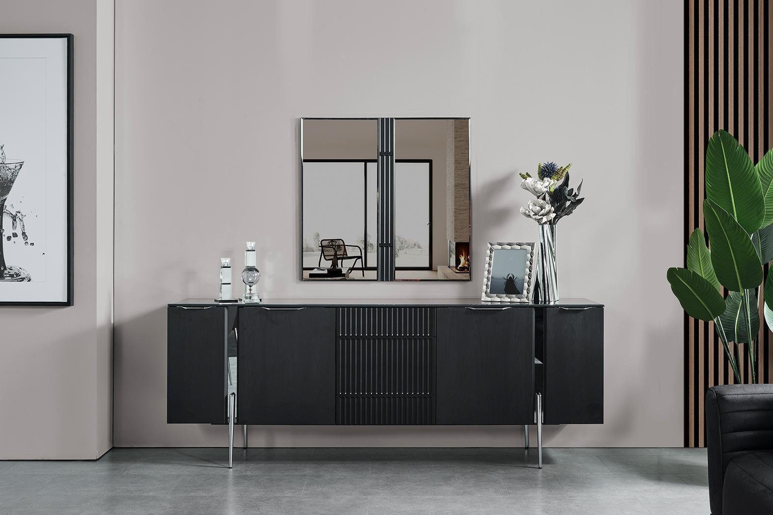 JVmoebel Esszimmer-Set Schwarze Esszimmergarnitur Esstisch 4x Stühle Sideboard Spiegel, (7-St., Esstisch, 4x Stühle, Sideboard, Spiegel), Made in Europa