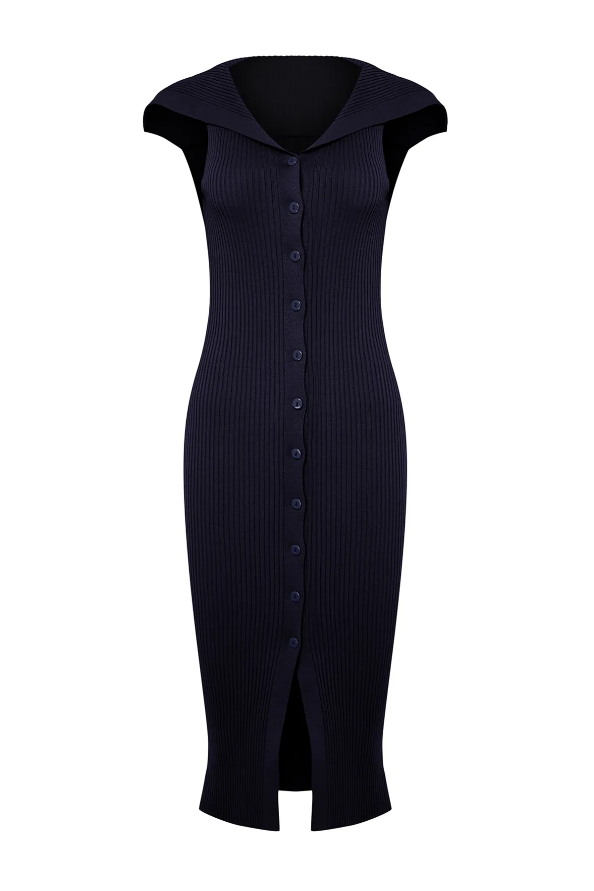 Trendyol Collection  Marineblaues Midi-Strickkleid mit Carmen-Kragen, detailliertes Kleid TWOSS24EL00362