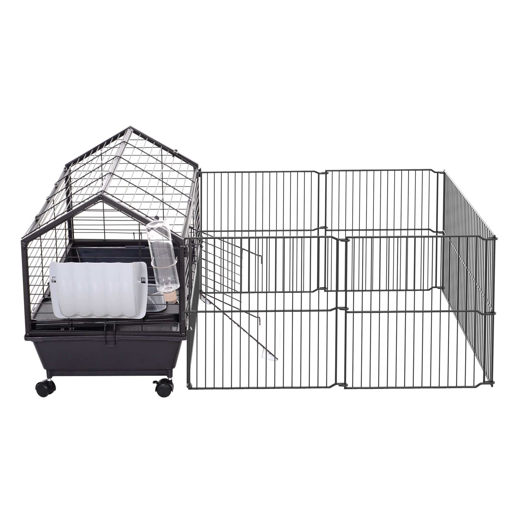 PawHut Kleintierkäfig mit Freigehege inkl. Zubehör 4 Rollen Kleintier mit Garten Metall, 88L x 128.5B x 56H cm