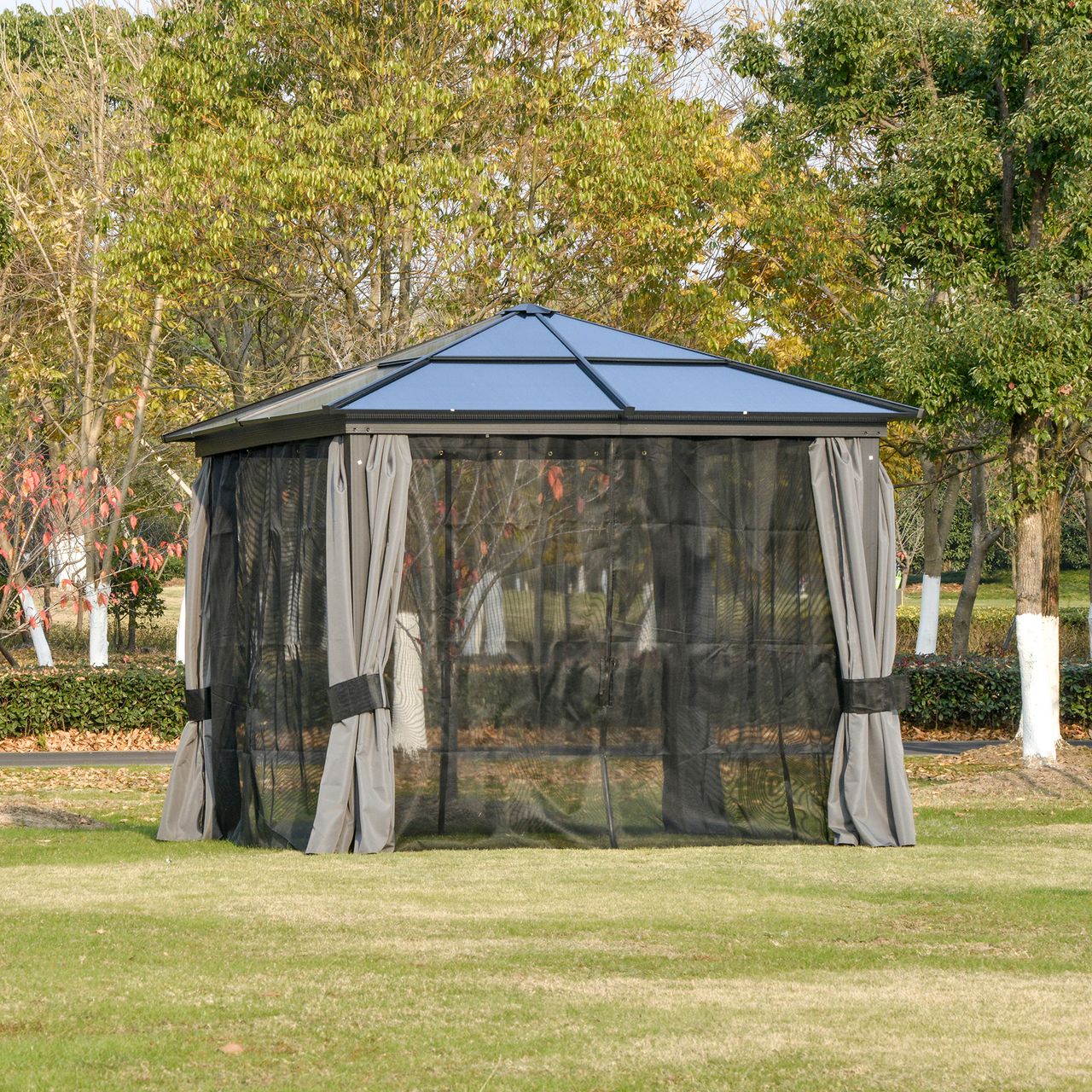 Outsunny Luxus Pavillon Gartenpavillon Alu Partyzelt Gartenzelt mit lichtdurchlässigem PC Dach Dunkelgrau Schwarz 300 x 300 x 265 cm