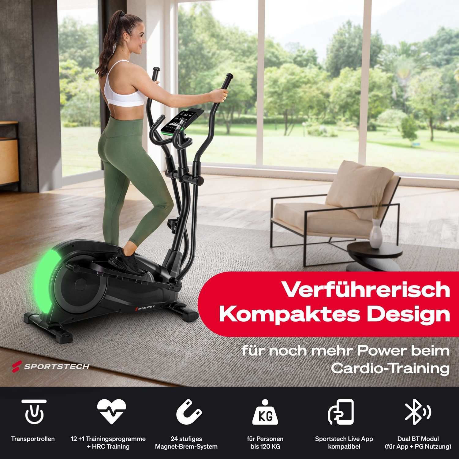 Sportstech Crosstrainer CX700, innovativer LED Technologie, Profigerät Crosstrainer für Zuhause
