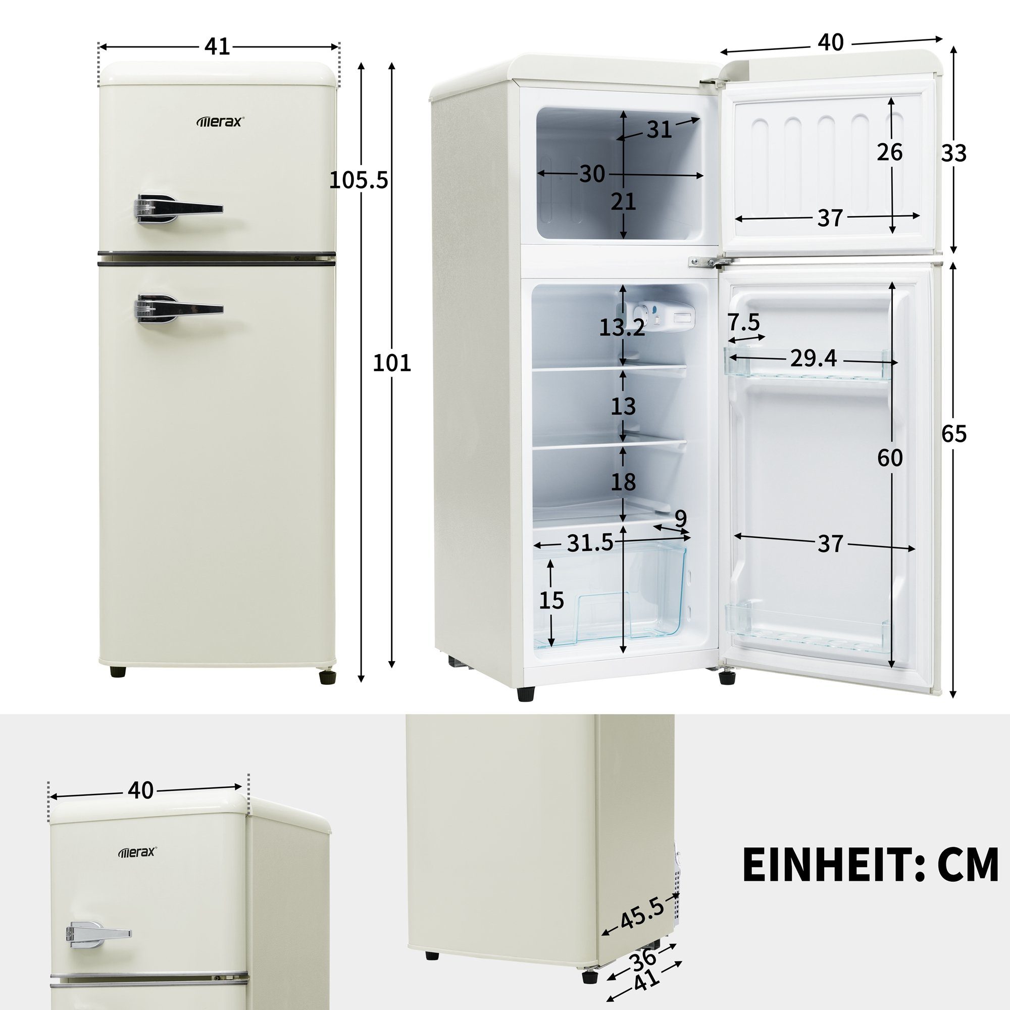 Merax Kühlschrank Retro Kühl-/Gefrierkombination BCD-102, 101 cm hoch, 41 cm breit, 92 Liter, Metall Türgriff, verstellebare Ablage und Füße