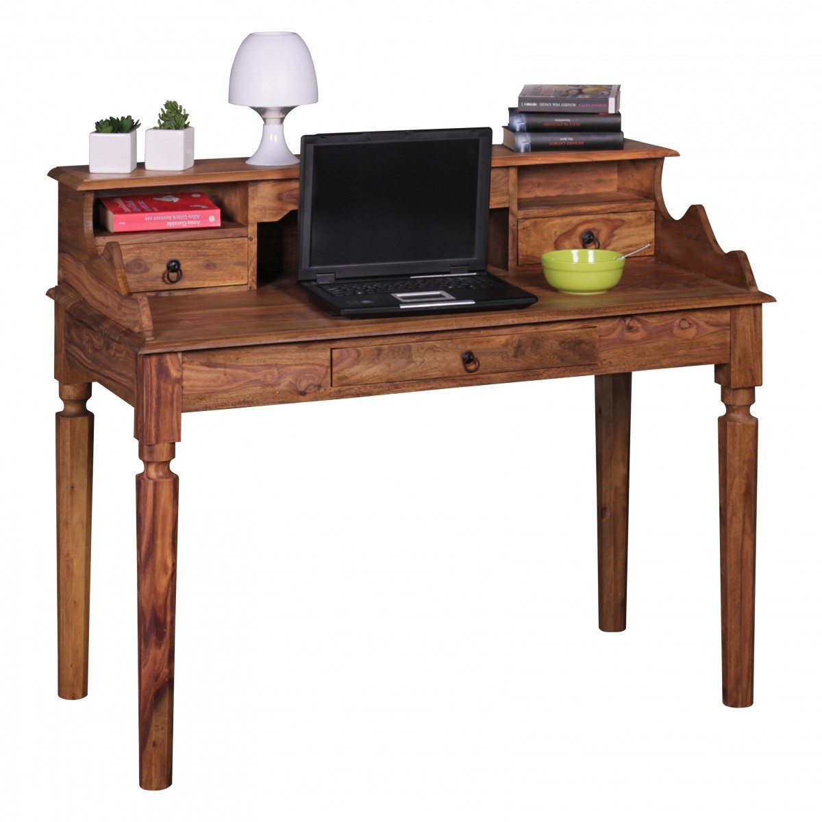 Wohnling Schreibtisch Massivholz Sheesham | Sekretär 115 x 100 x 60 cm mit 3 Schubladen | Konsolentisch im Landhaus-Stil