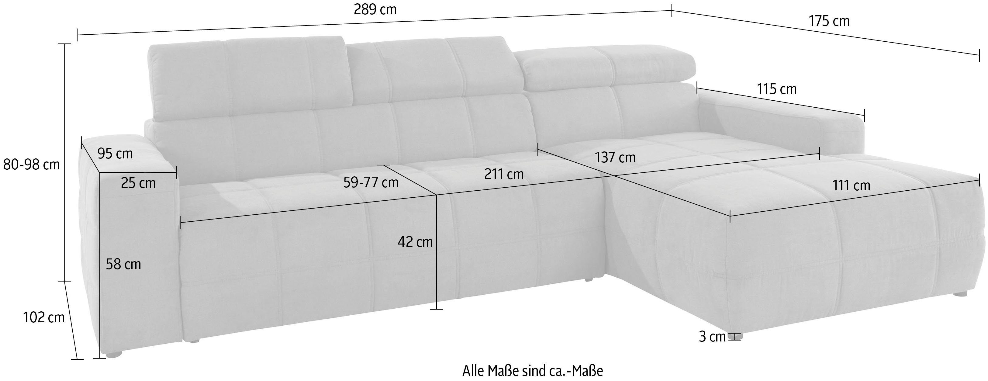 DOMO collection Ecksofa Brandon, mit Kopfteilverstellung, wahlweise Sitztiefenverstellung, auch in Cord