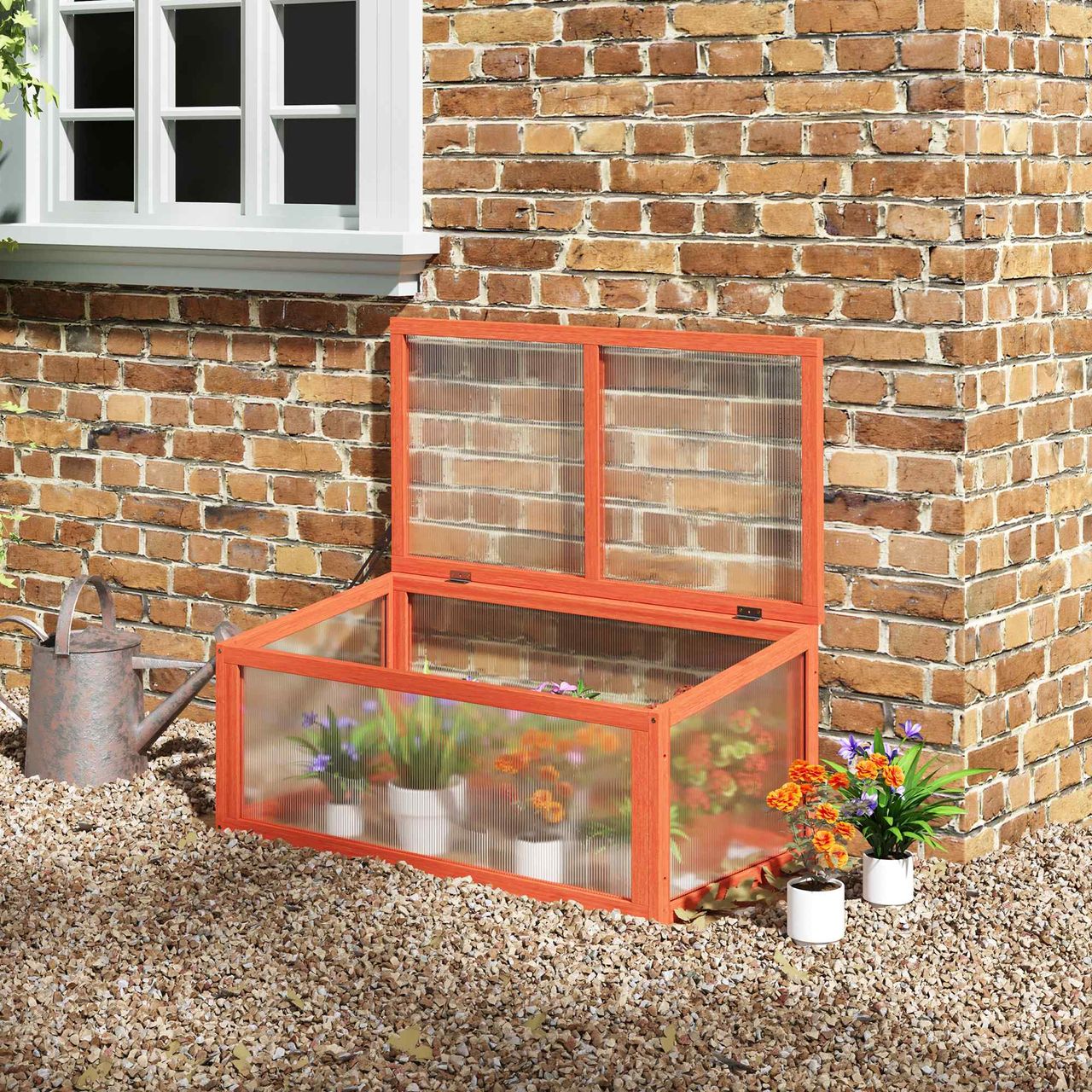 Outsunny Frühbeet Treibhaus Gewächshaus Frühbeetkasten Pflanzenbeet mit Abdeckung aus Holz und Polycarbonat wetterfest Orange 90 x 46 x 40 cm