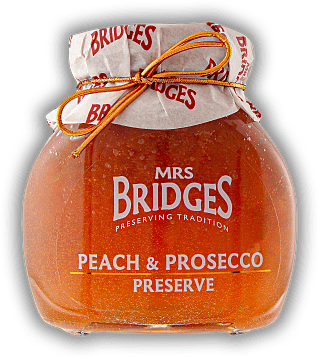 Mrs Bridges Peach and Prosecco Preserve 340g Mrs Bridges Peach and Prosecco Preserve 340g Pfirsichkonfitüre extra, mit etwas Prosecco abgeschmeckt. 340	 Gramm