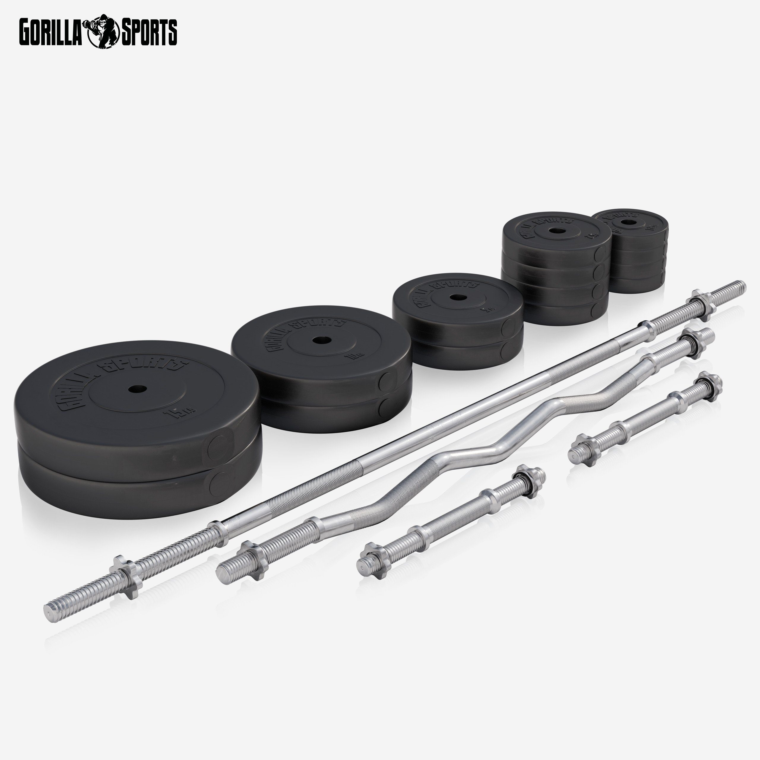 GORILLA SPORTS Hantelbank mit Ablage, Dip-Station, inkl. Hantelset 100kg, Klappbar, Schwarz/Weiß