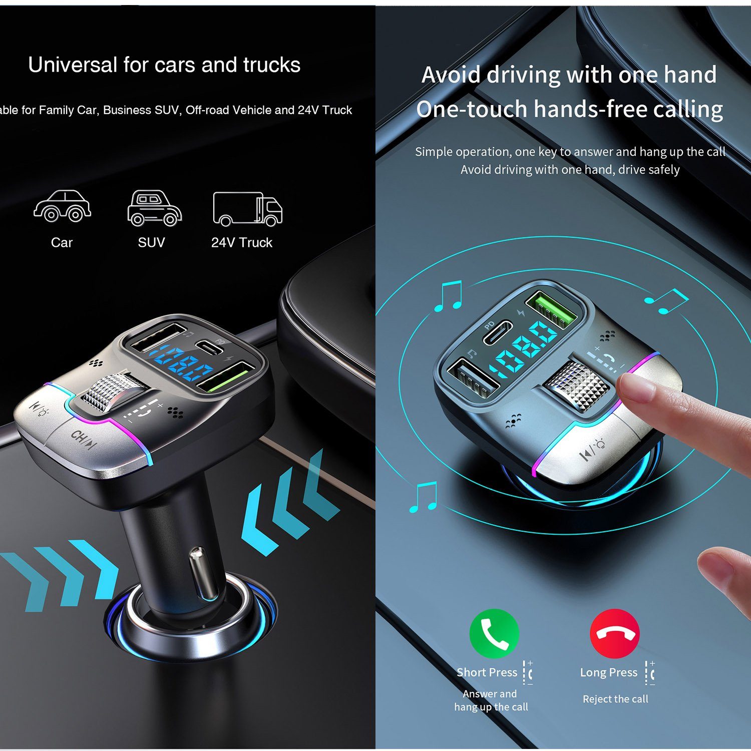Mutoy Bluetooth 5.3 FM Transmitter für Auto,MP3-Player KFZ-Transmitter 2 Mikrofone, Typ C PD 25W Dual USB Schnell ladegerät Auto, Stärkeres Dual Mic & Bass-Boost