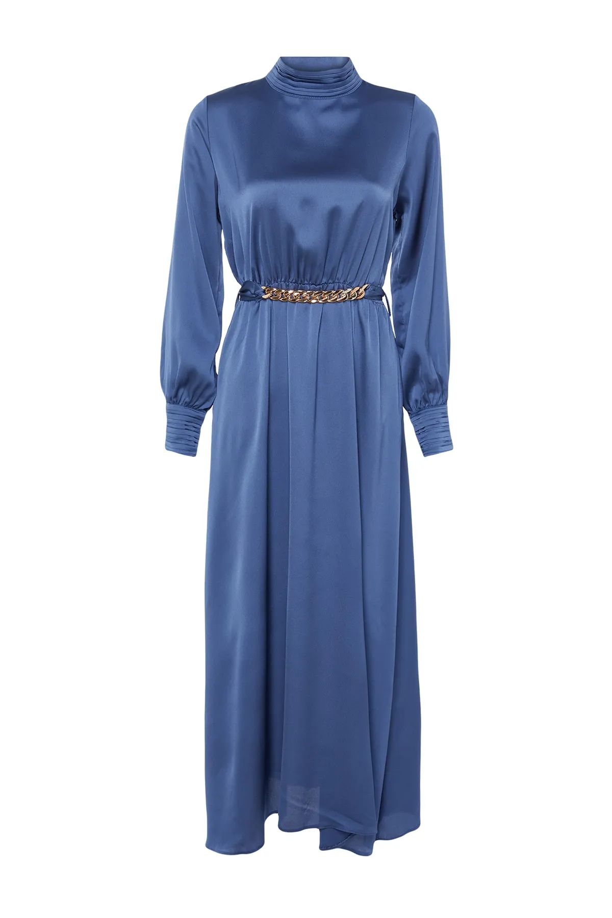 Trendyol Modest  Dunkelblaues gewebtes Abendkleid mit drapiertem Kragen und Manschetten, Gürtel TCTSS22EB0142