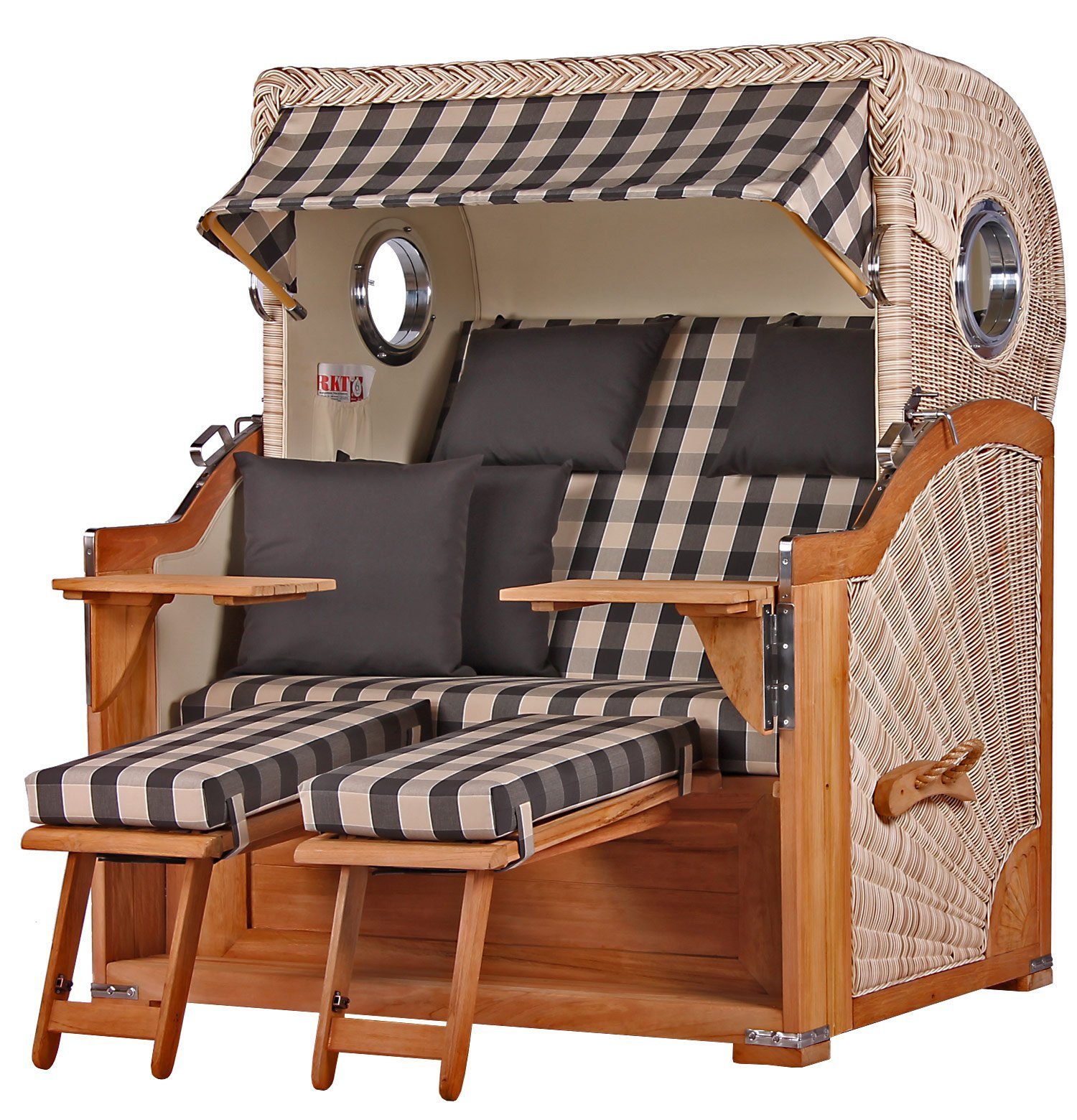 bene living Strandkorb Königssee 2,5-Sitzer Teak - PE shell - Modell 505, BxTxH: 142x95x170 cm, Volllieger ca. 175 Grad, Ostsee-Strandkorb, inkl. Liftersystem und Bullaugen