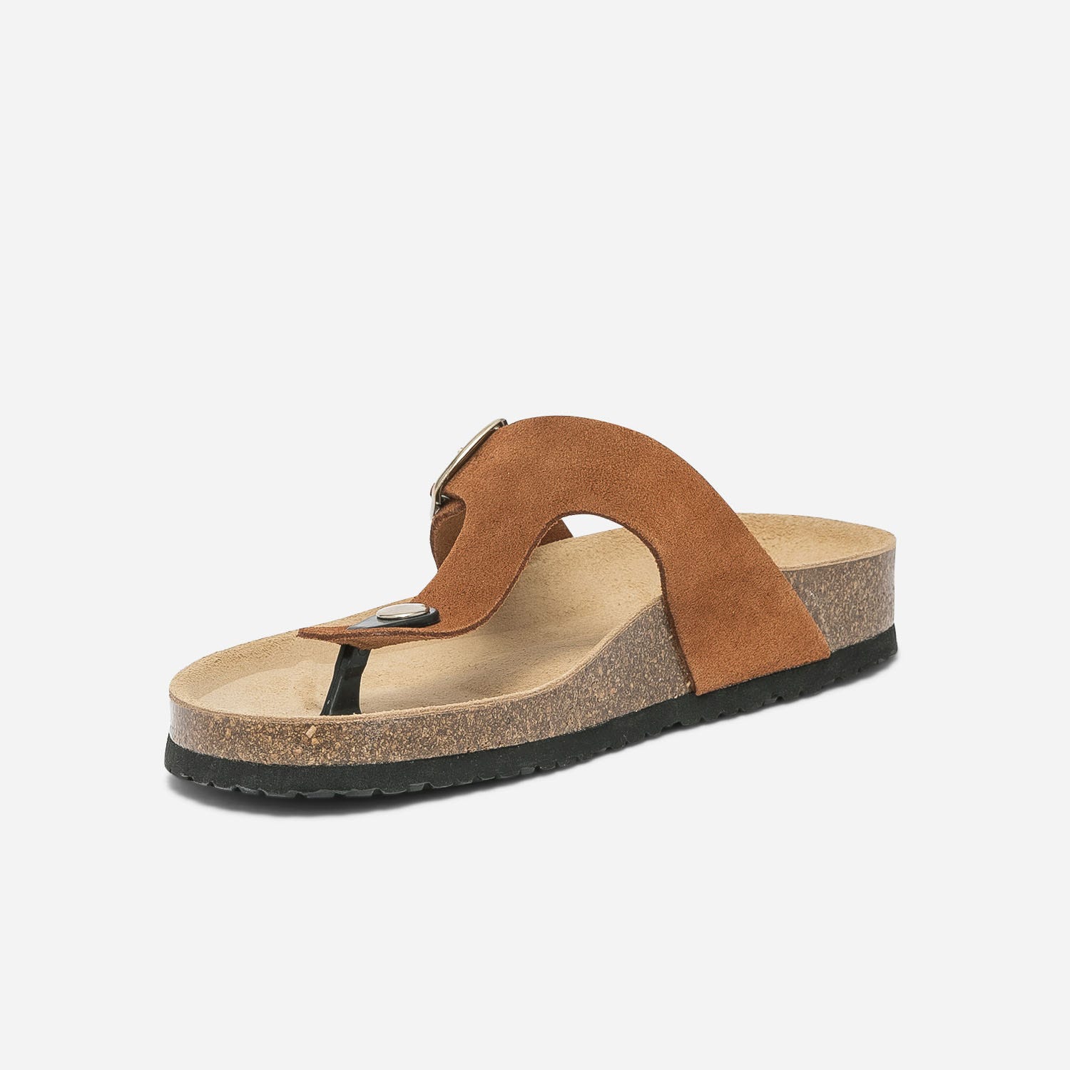Mule-tong anatomique camel foncé en cuir velours