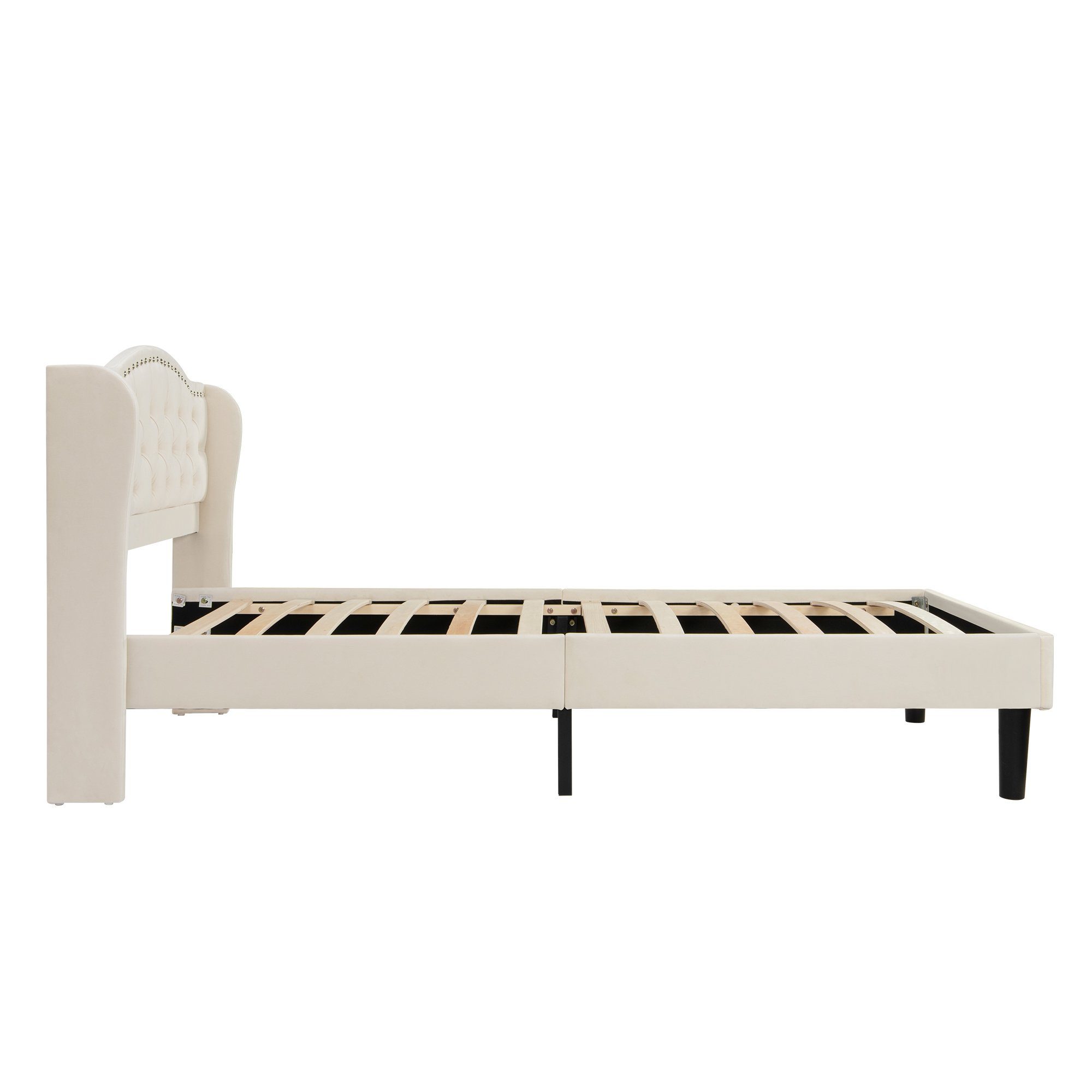 Flieks Polsterbett, Samt Einzelbett mit Polsterkopfteil und Lattenrost 90x200cm Beige
