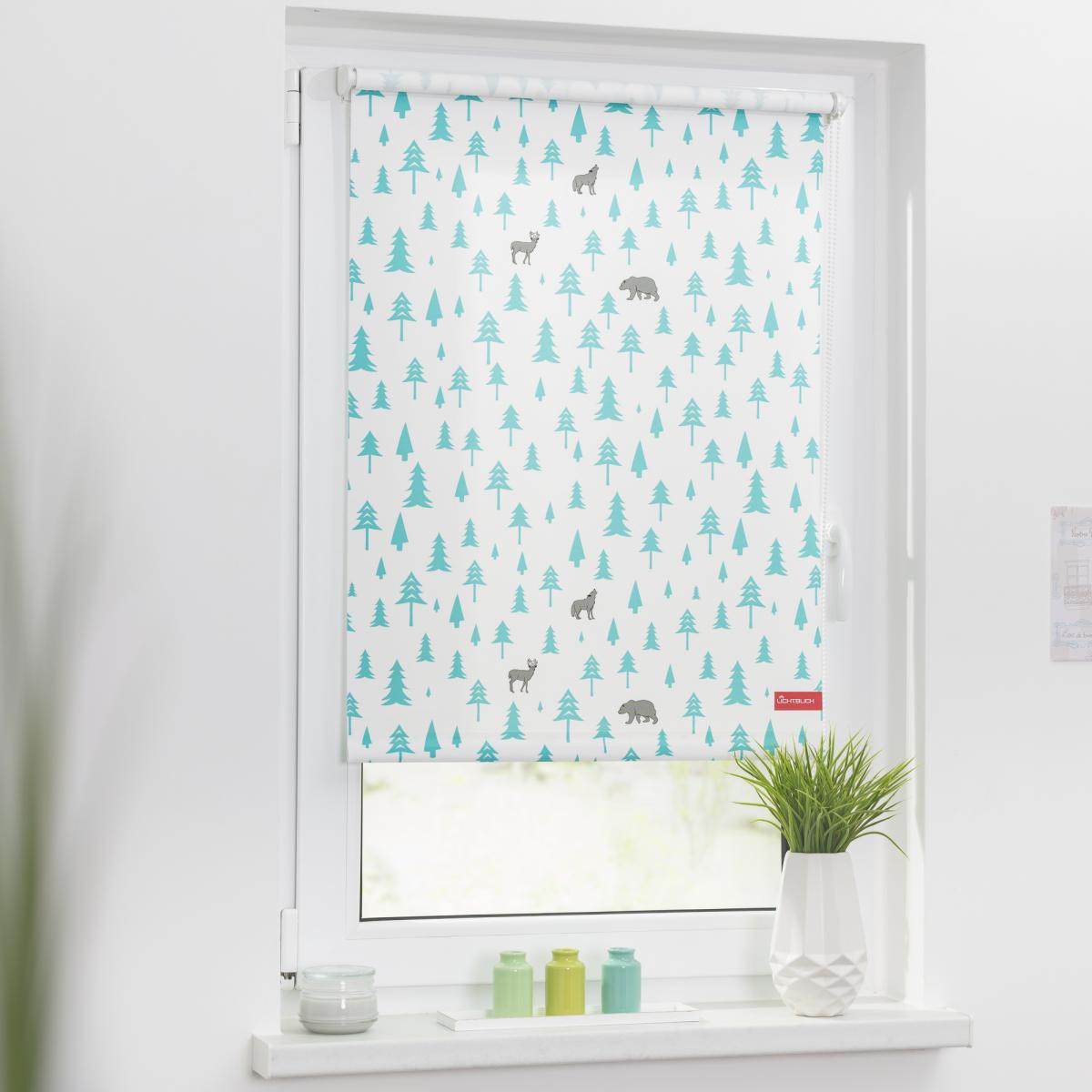 Lichtblick Rollo Klemmfix, ohne Bohren, blickdicht, Okko - Weiß Türkis, 60 x 150 cm (B x L)