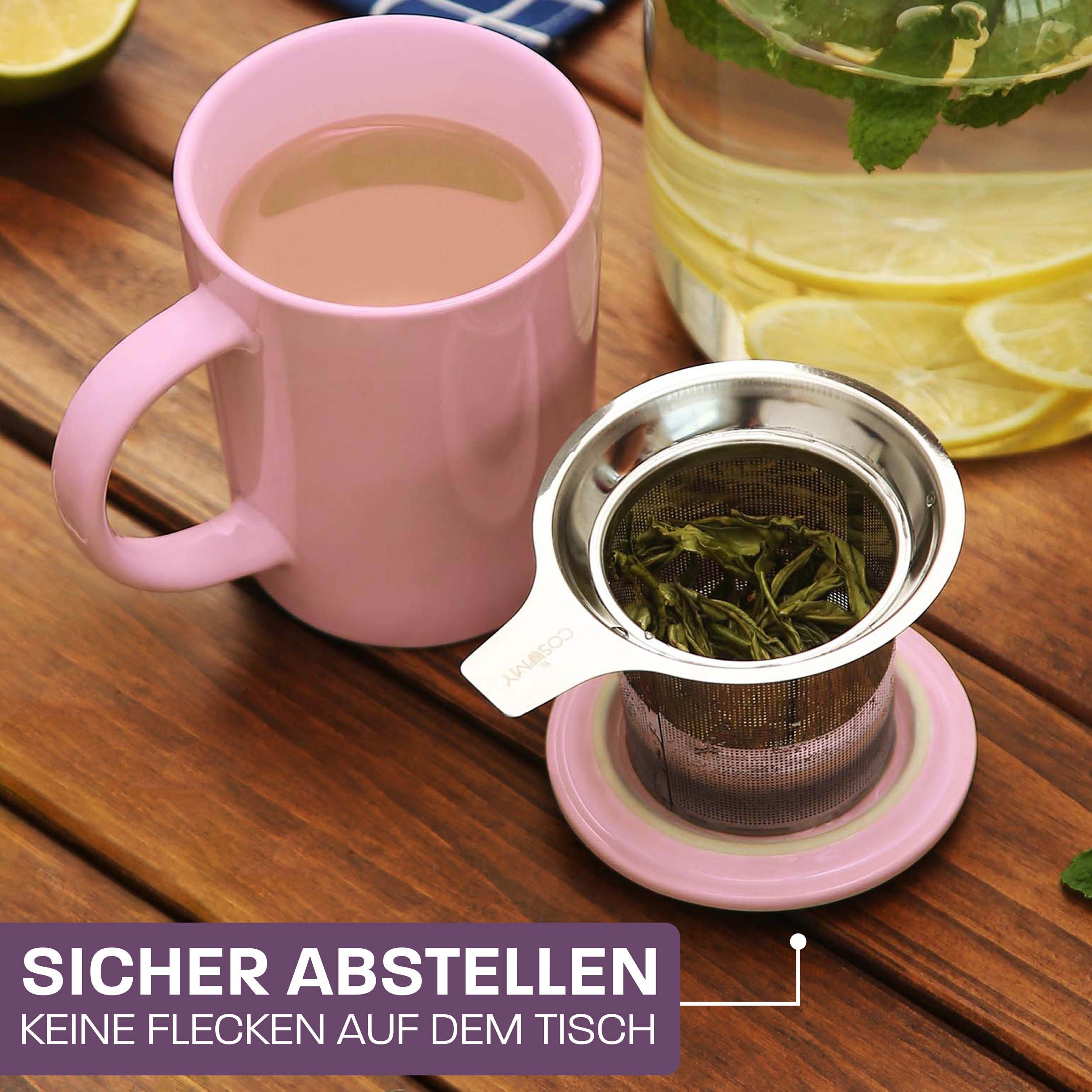 Cosumy Teeglas Teetasse mit Sieb und Deckel 400ml - Jumbotasse, Porzellan, Hält Lange warm - 400 ml Groß - Spülmaschinenfest