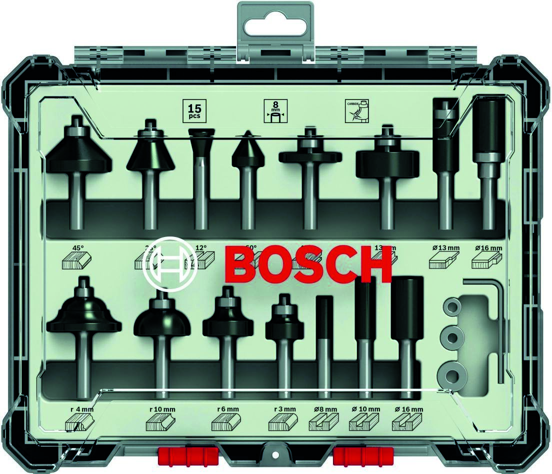 Bosch Blue Accessories 2607017472 Juego de 15 fresas mixtas para router con vástago de 8 mm