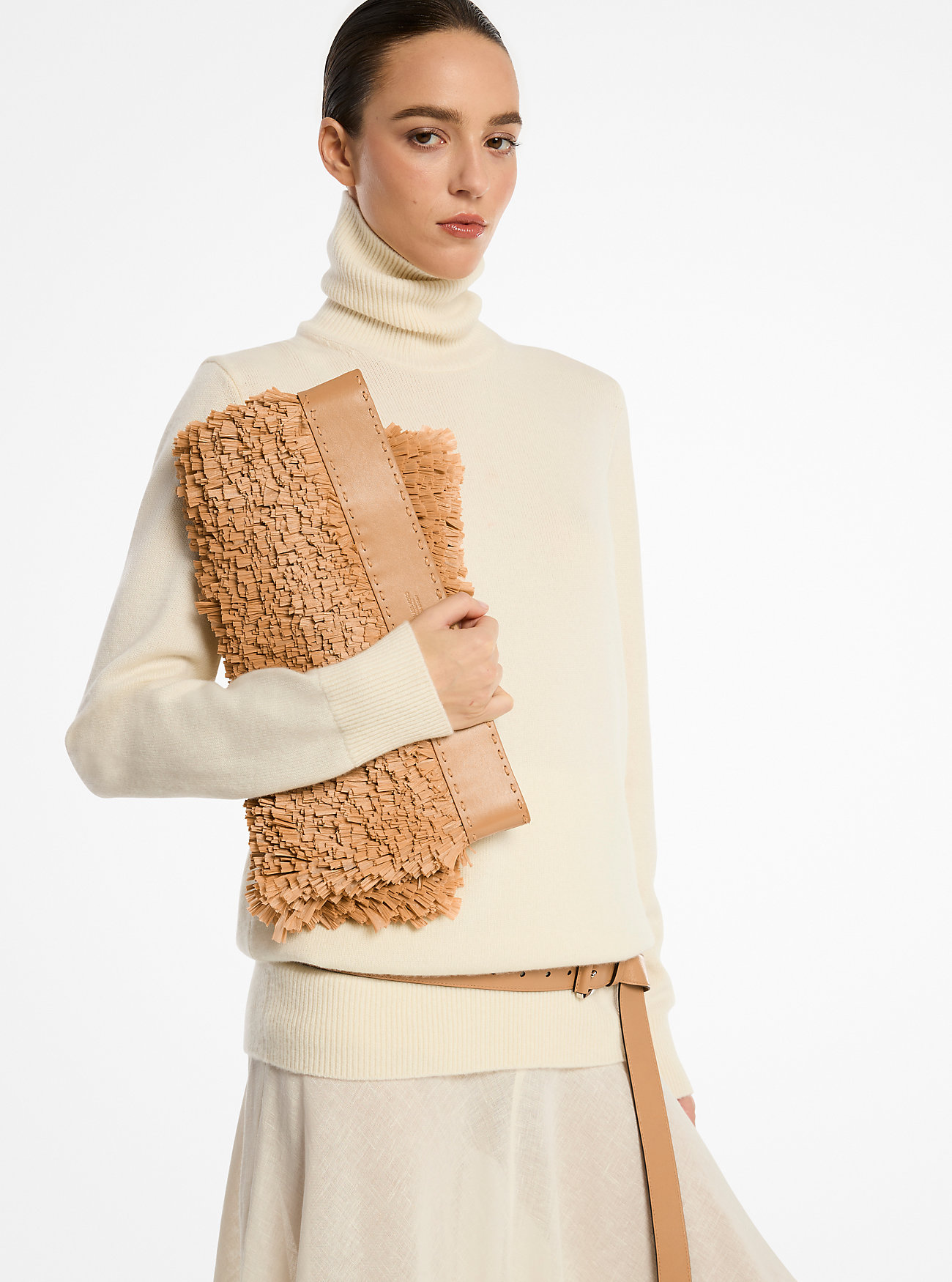 Sorrento Hand-Stitched Fringe and Leather Foldover Clutch - NATURAL/PEANUT
