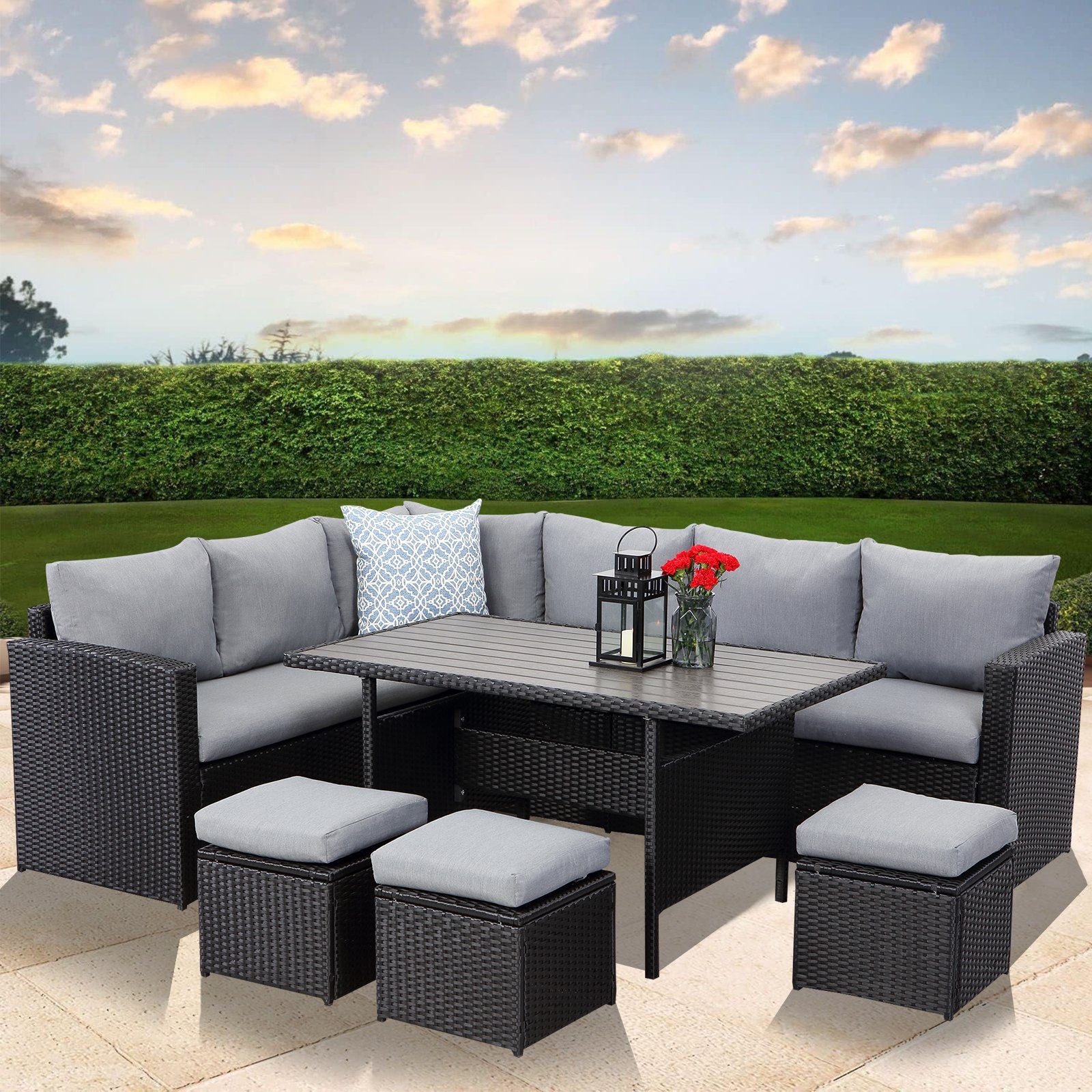 MeXo von GLP HOME Gartenlounge-Set Wetterfest Polyrattan Sitzgruppe Gartenmöbel-Set für 6-10 Personen, (Gartengarnitur, Loungeset mit Kissen, 2-Sitzer, Ecksofa, Esstisch, 3 Hocker), Essgruppe für Terrasse Garten Lounge Balkon Indoor Outdoor