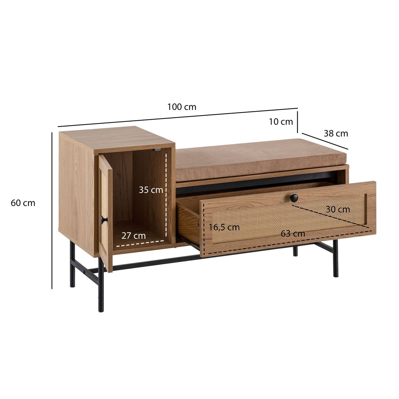 Wohnling Schuhbank 100x60x38 cm mit Sitzfläche Stoff Eiche-Dekor