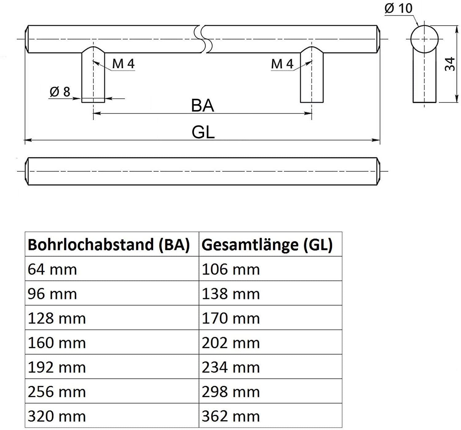 SO-TECH® Möbelgriff Stangengriff G14 echt Edelstahl, Griff Schrankgriff Schubladengriff - incl. Schrauben