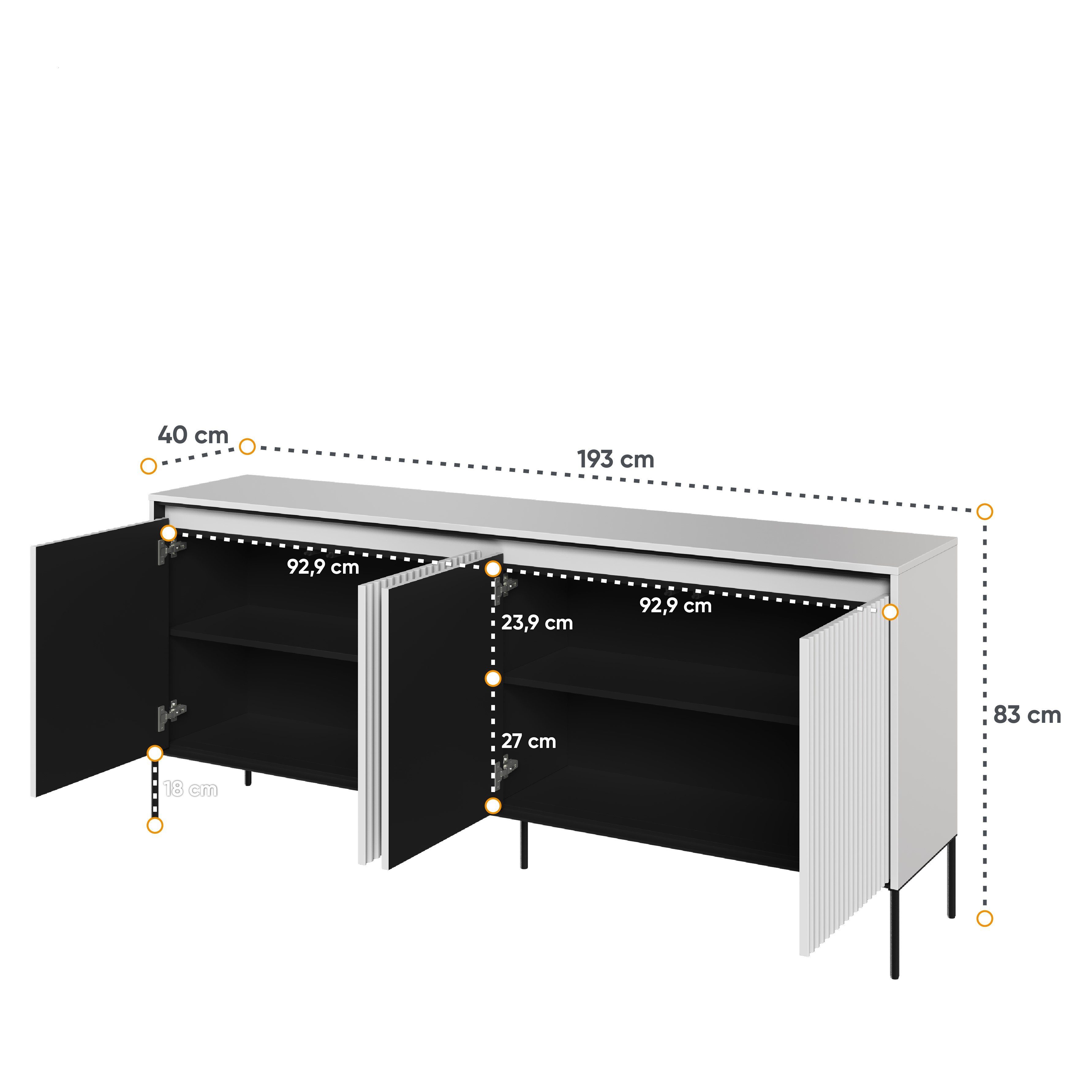 Compleo Kommode FLORE (193x40x83 cm) mit 4 Türen, Metallfüße, LED-Beleuchtung