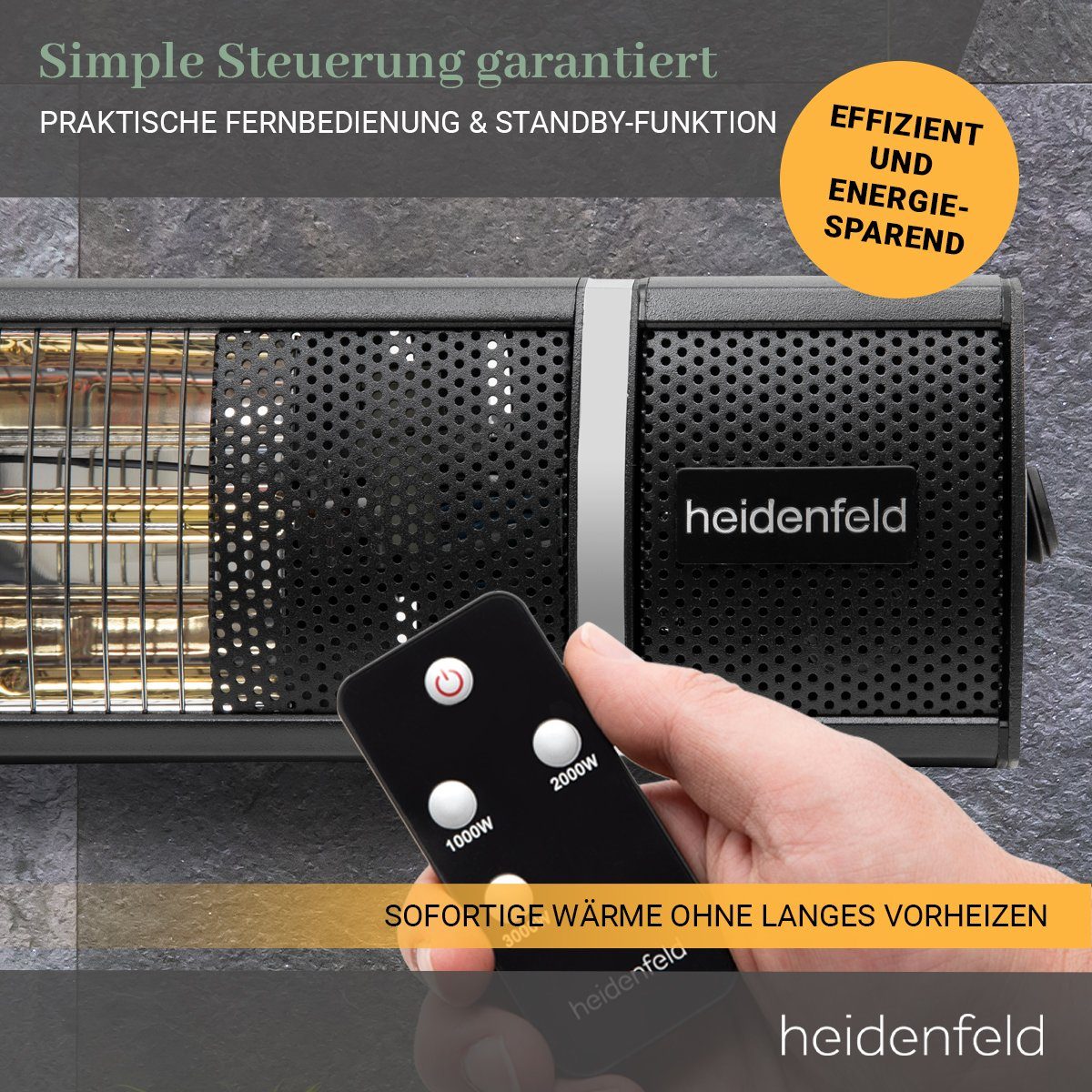 Heidenfeld Heizstrahler Elektroheizung IH110 für Terrasse, bis 3.000 Watt 3 Jahre Garantie, 3000 W, 3 Heizstufen - Fernbedienung - 180° neigbar - Infrarotheizstrahler
