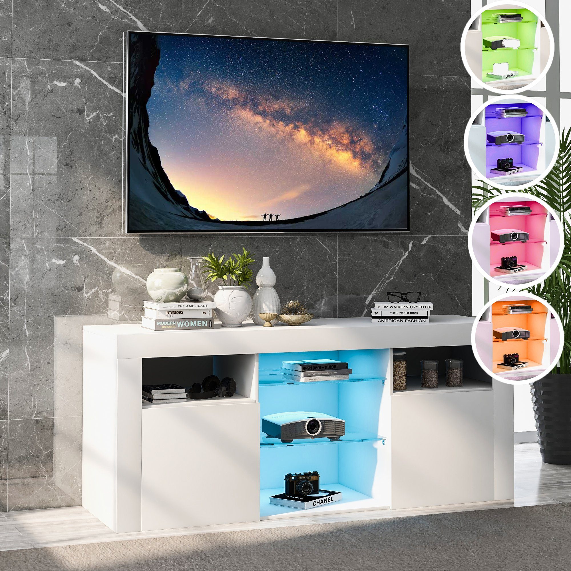 Fangqi Lowboard LED-TV-Ständer 120 cm Schranktisch, mit 16-Farben-LED-RGB-Leuchten (Fernbedienung, 4 Blitzeffekten, TV-Board,TV Schrank Fernsehtisch Fernsehschrank, Moderne TV-Einheit), Aufbewahrung (5 großen offenen Regalen und 2 Schränken mit Türen