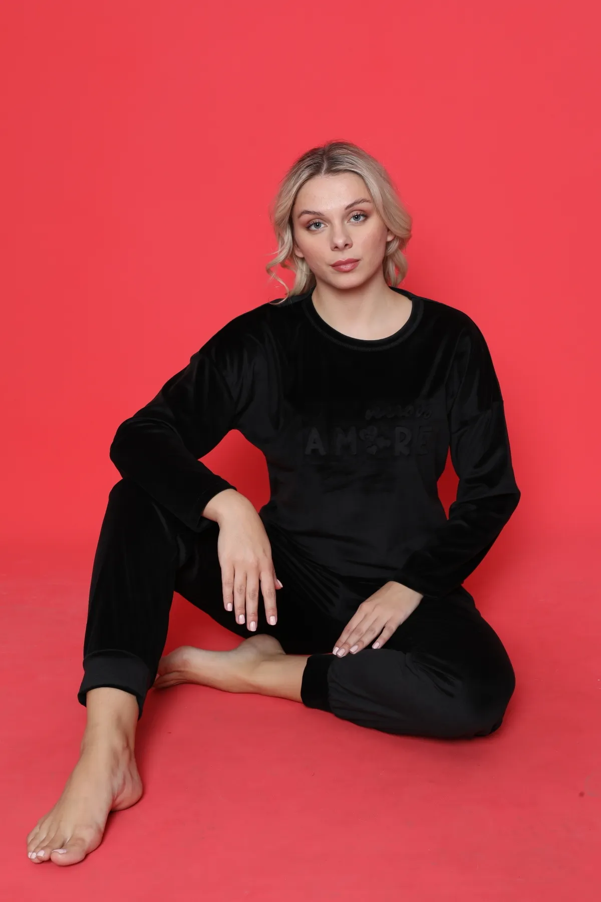 AHENGİM  Pyjama-Set für Jugendliche, französischer Samt, Amore, bedruckt, mit Spatenmanschette, Winter, saisonal, W20432250